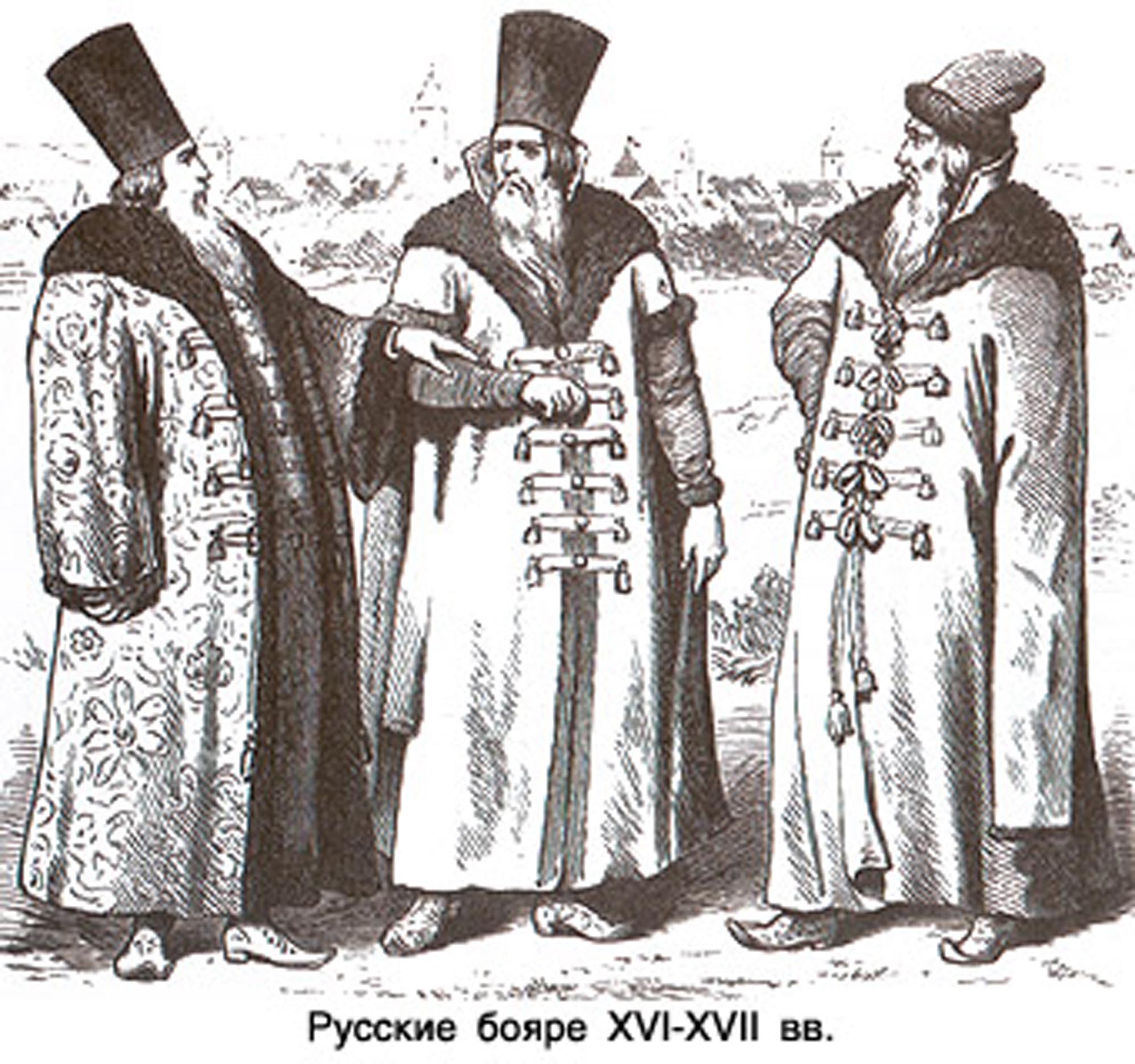 Image depicting three Russian boyars dressed in traditional long robes, fur-trimmed coats, and tall hats, standing outdoors.