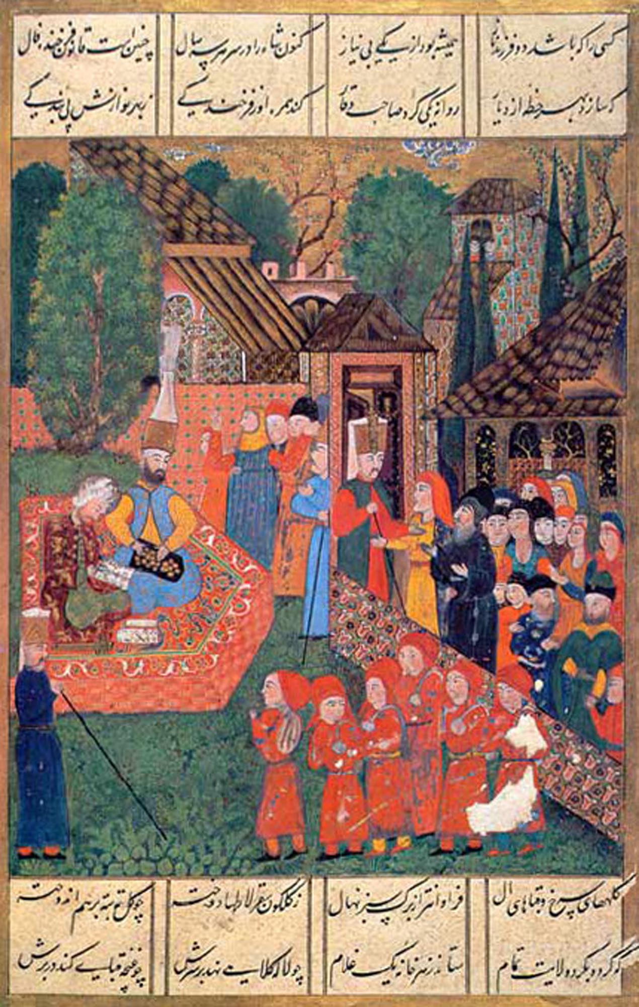 A richly detailed Ottoman miniature painting depicting the devshirme system, a royal figure is seated on an elaborate red and gold carpet, surrounded by attendants and courtiers in a garden setting with architectural elements in a lush landscape.