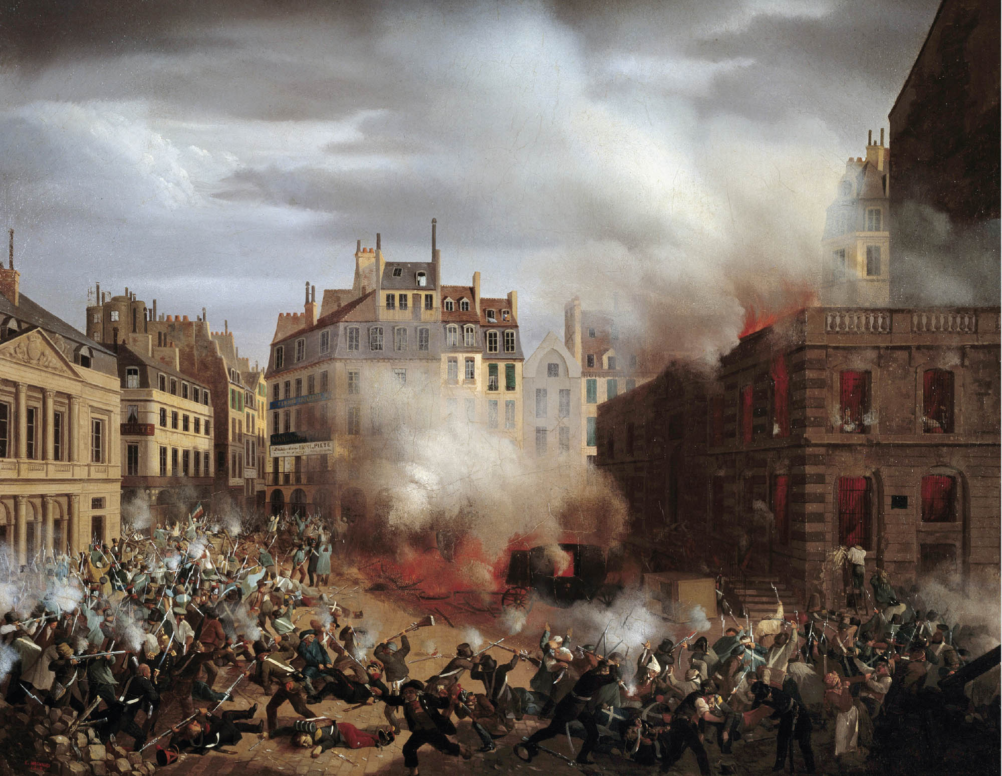 Illustration of a battle happening in the center of town. In the background are large buildings, some on the right on fire. In the foreground are people in battle armed with swords and guns.