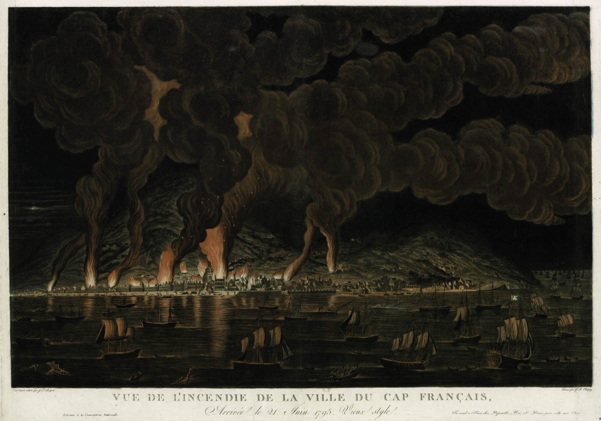 Illustration of a distant coastal city on fire at night, with several ships sailing in the forground. Below the illustration is a caption in French.