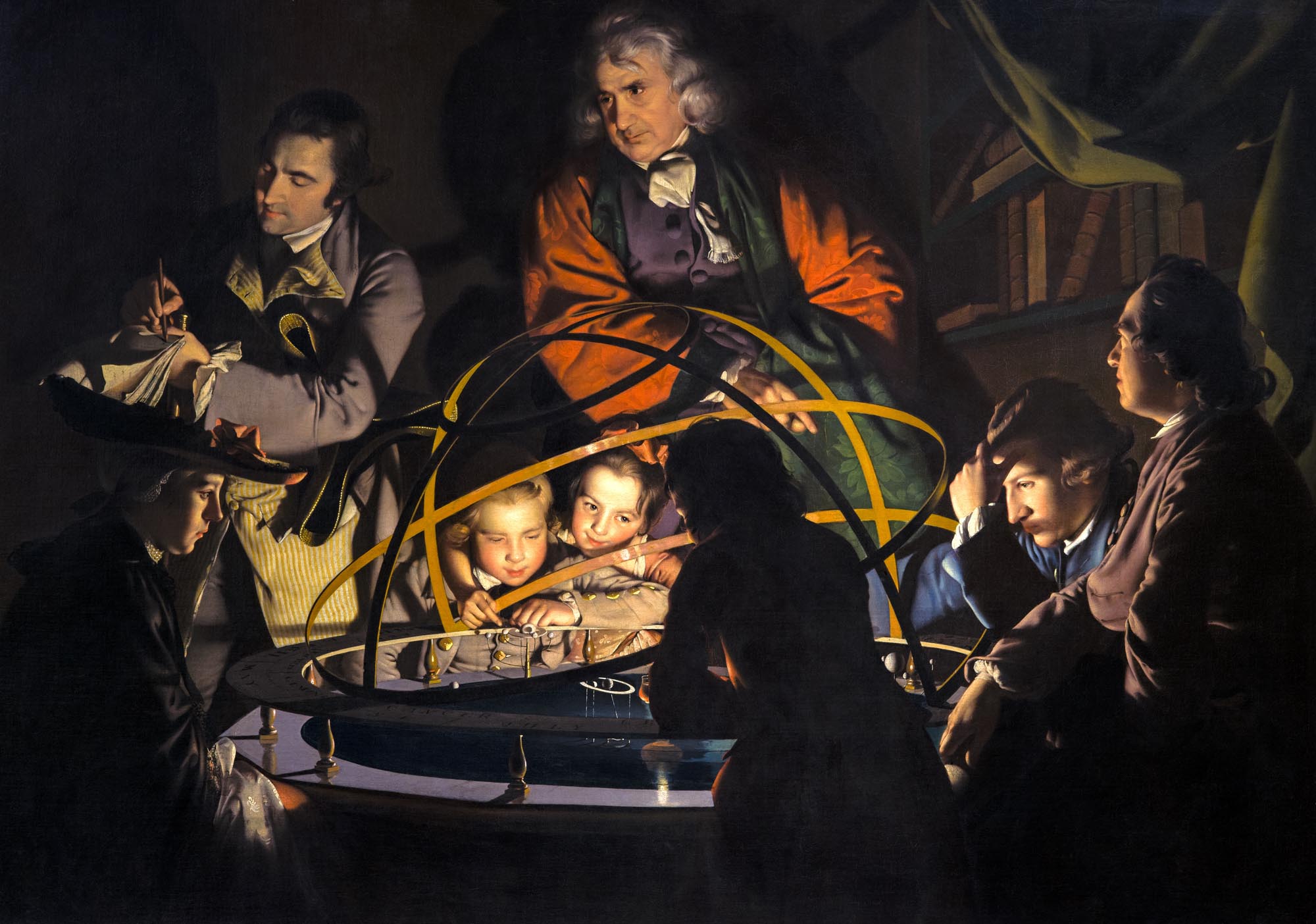 A painting depicting a group of adults and children gathered, while a philosopher stands and lectures, around a mechanical model of the solar system (an orrery) in a darkened room illuminated by a lamp placed at the center of the orrery.