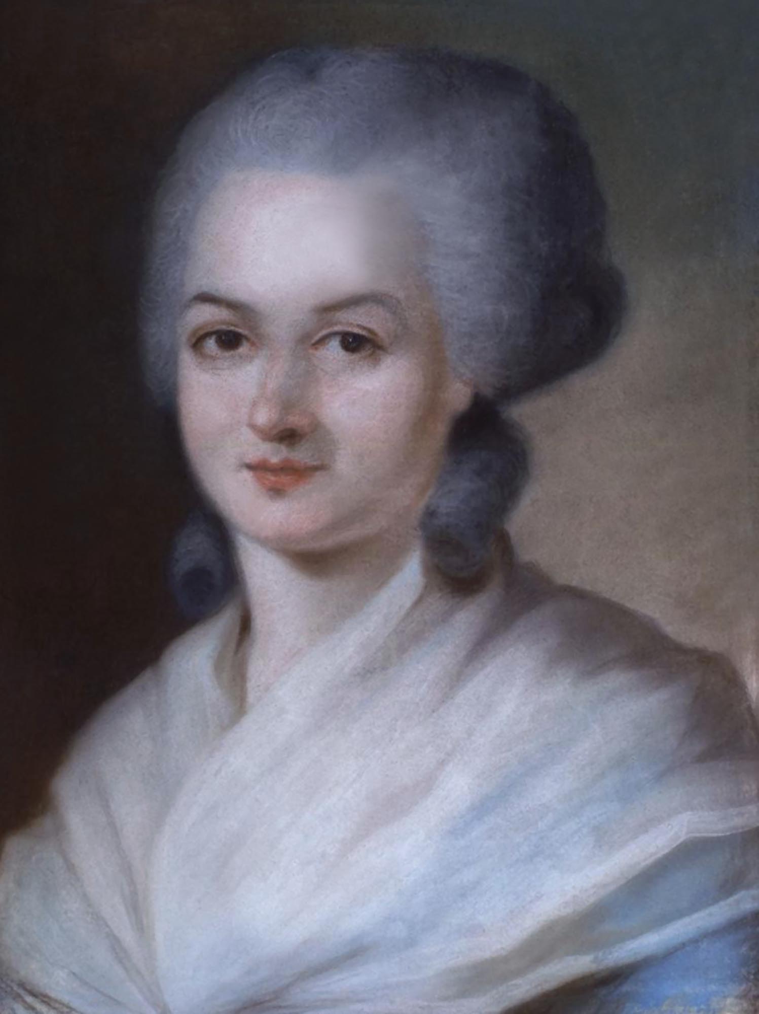 A portrait of Olympe de Gouges, a French playwright and political activist, with powdered, upswept hair, wearing a white shawl draped over her shoulders.