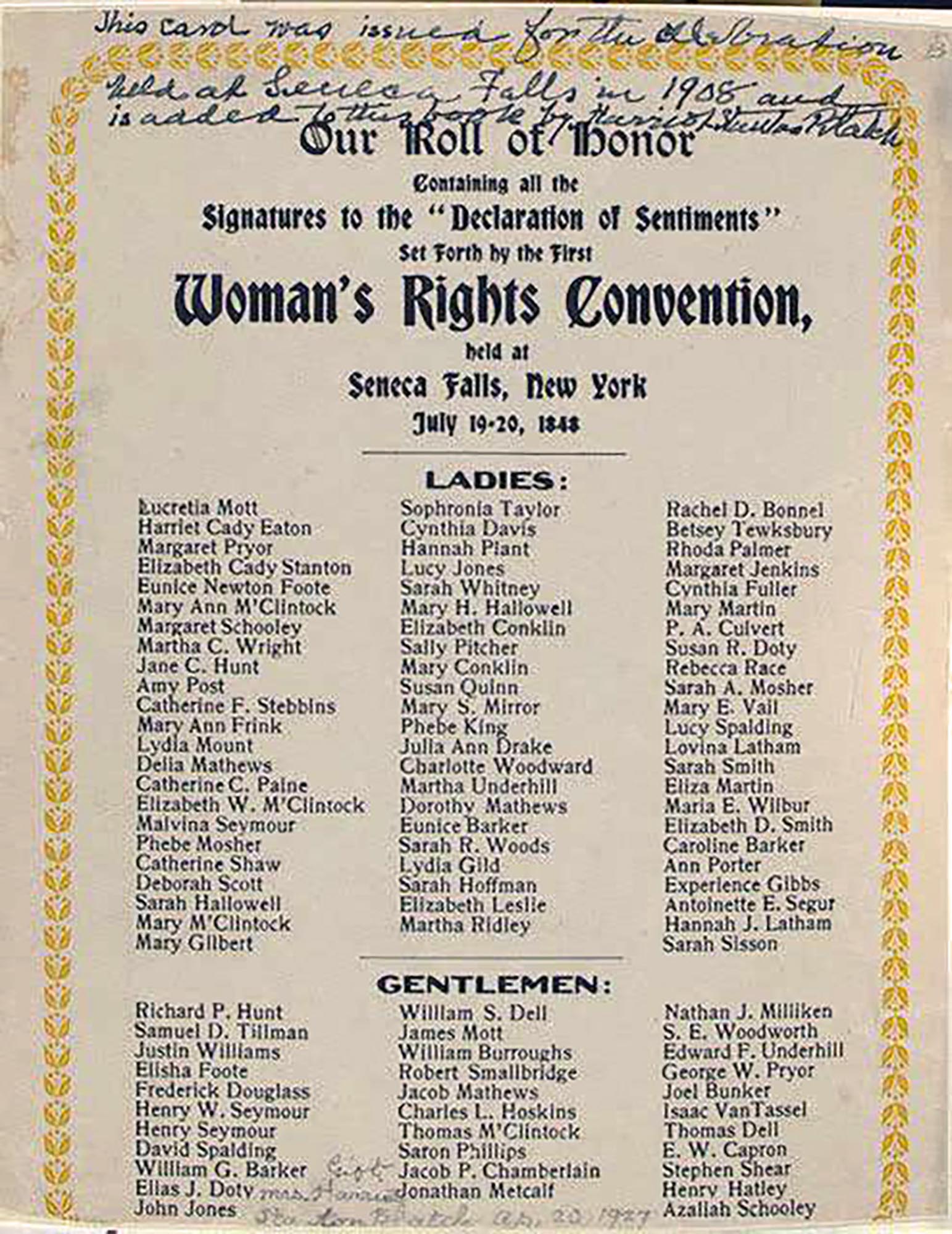 Detail from “Our Roll of Honor" from the first Woman's Rights Convention held in Seneca Falls, New York, in 1848, listing the names of ladies and gentlemen who signed the "Declaration of Sentiments."