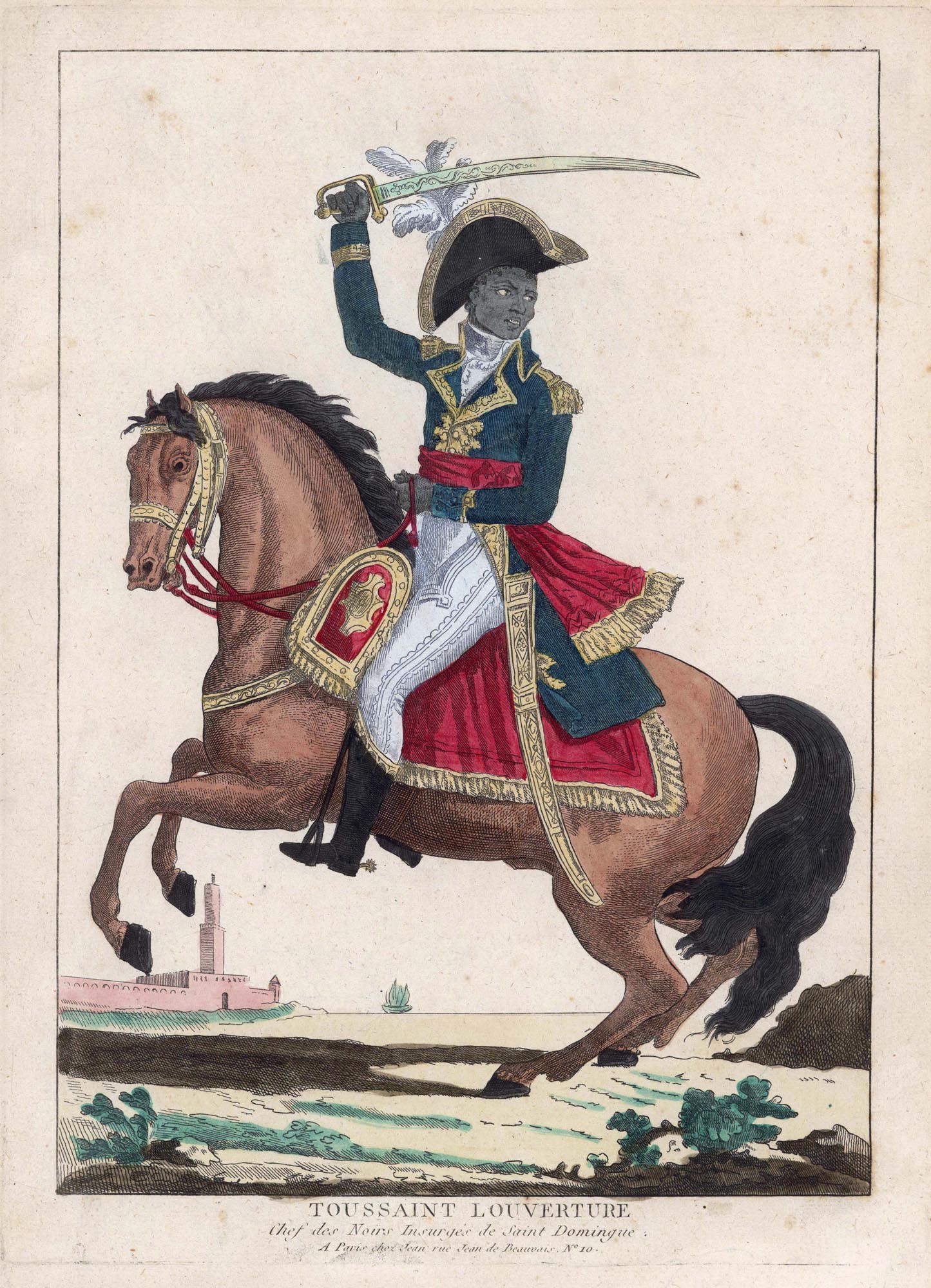 A historical illustration depicting Toussaint Louverture on horseback, holding a sword up high. He is dressed in a military uniform, and the text below identifies him as "Toussaint Louverture, Chef des Noirs Insurgés de Saint Domingue."