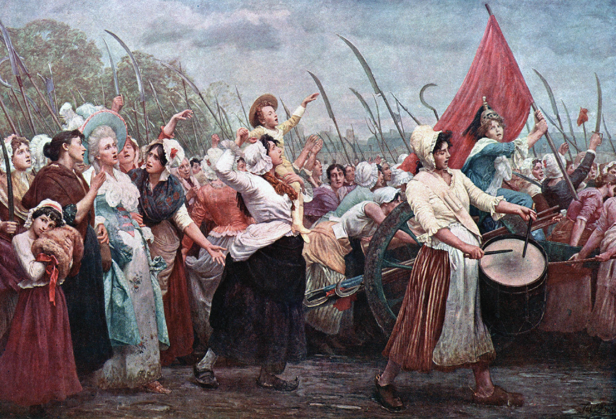 French women wielding scythes and banging drums march on the palace of Versailles.