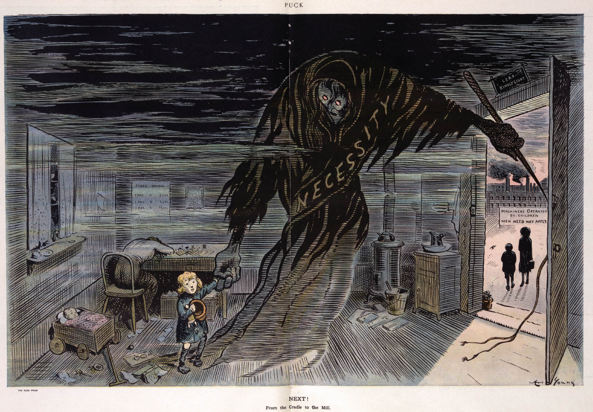 A terrifying illustration of the ghost of necessity taking the hand of a small child to lead them to work in the mill.