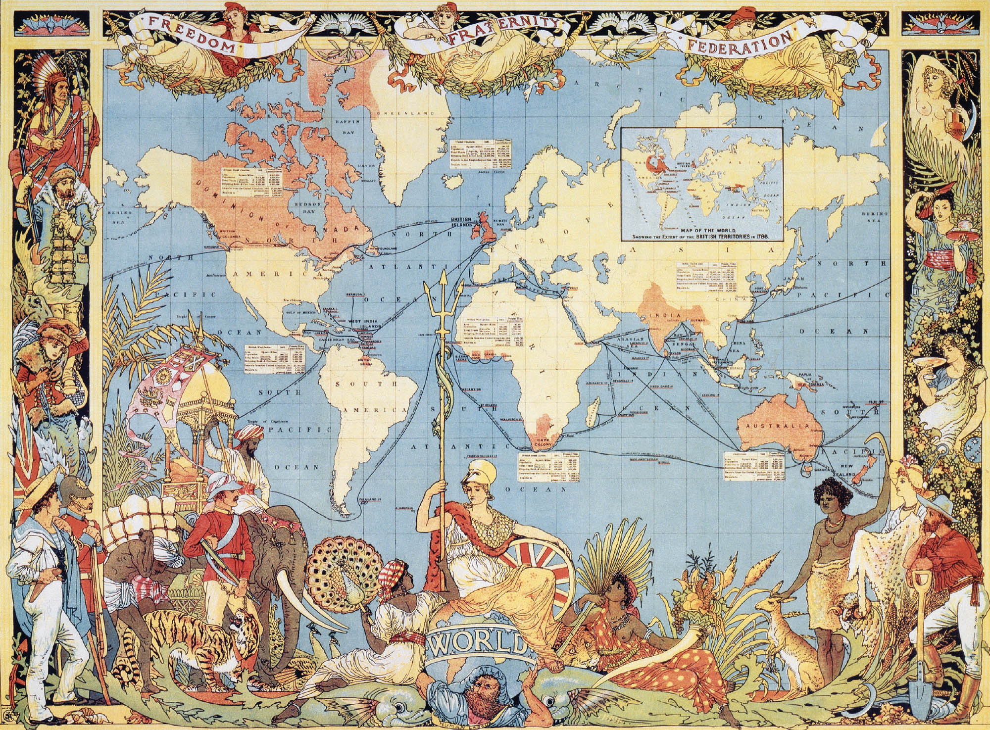 Illustration of a world map with sea passages outlines. All along the border are illustrations of people, including explorers, men on elephants, women holding cloth, and indigenous people.
