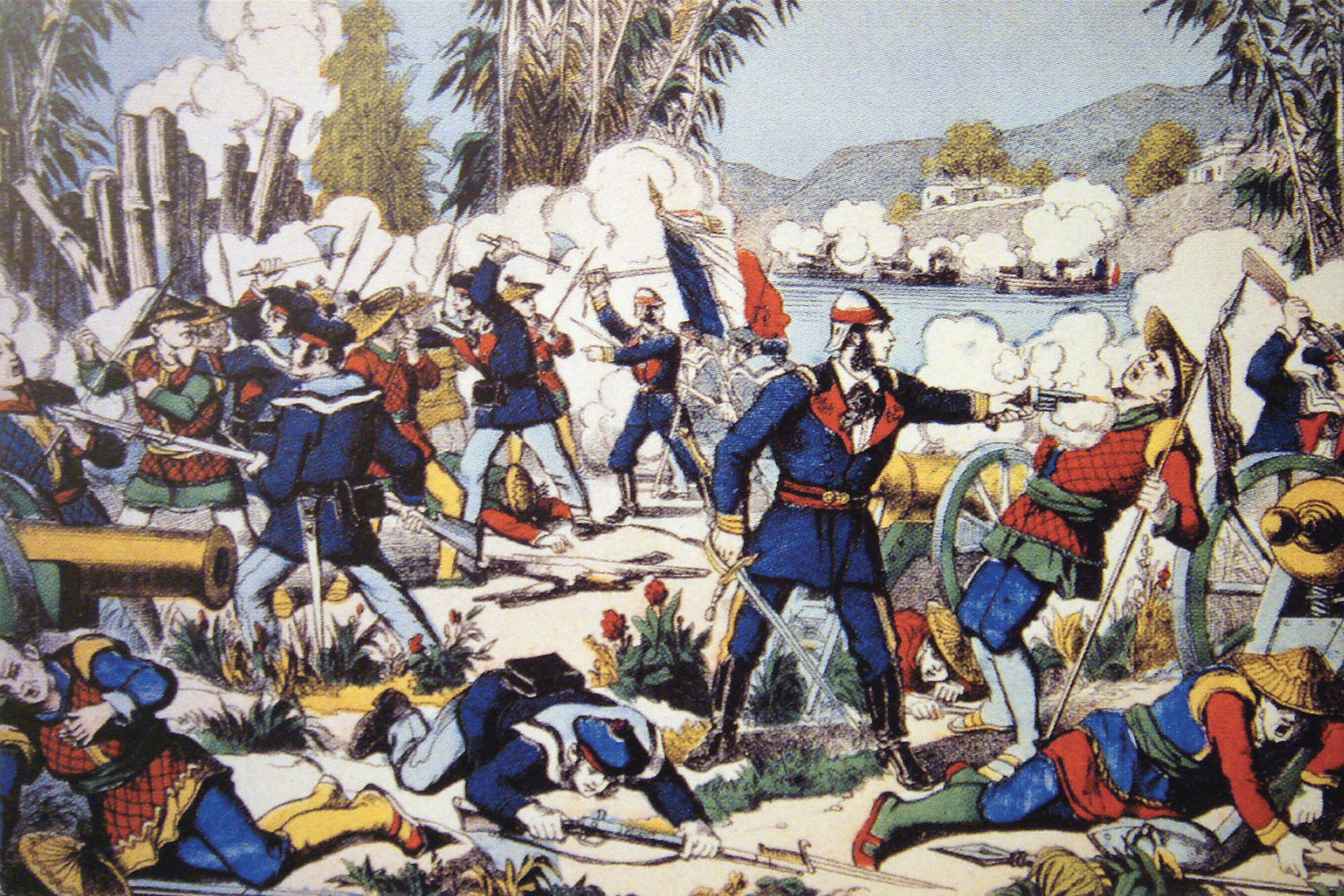 Illustration of men in battle. The French soldiers are wearing blue and are armed with guns. The Vietnamese soldiers are wearing green and red and are armed with spears.
