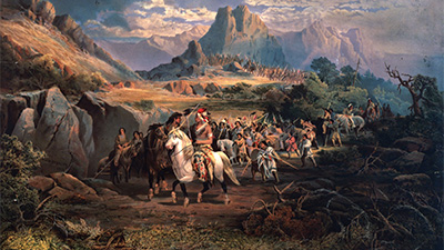 A Native American war party on horses rides out to battle.