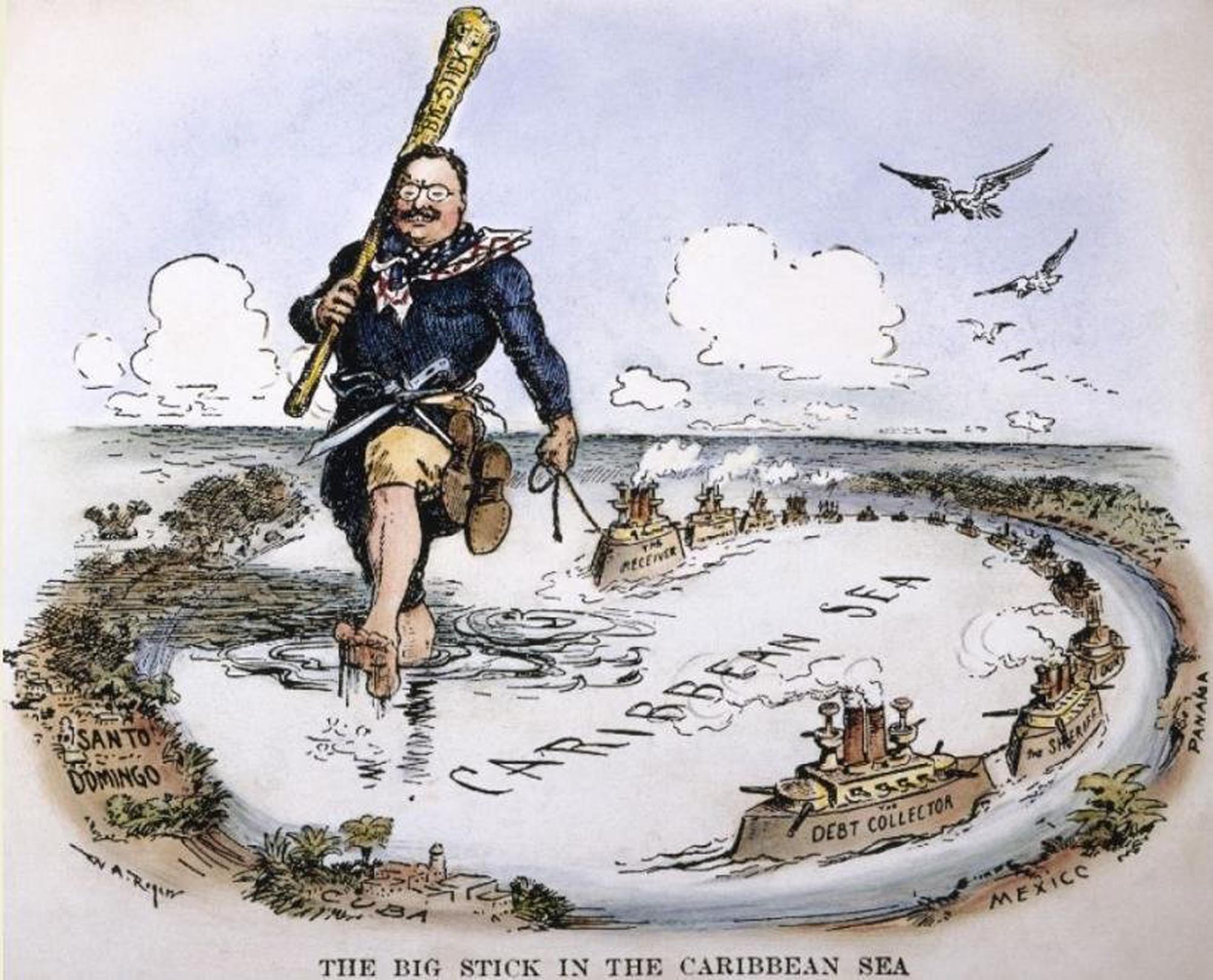 A political cartoon depicting a large, barefoot Theodore Roosevelt, holding a massive club labeled "The New Diplomacy," wading through the Caribbean Sea. He is pulling a string of battleships, with labels such as "Debt Collector," "The Sheriff," and "Receiver," which are circling around the Caribbean Sea.