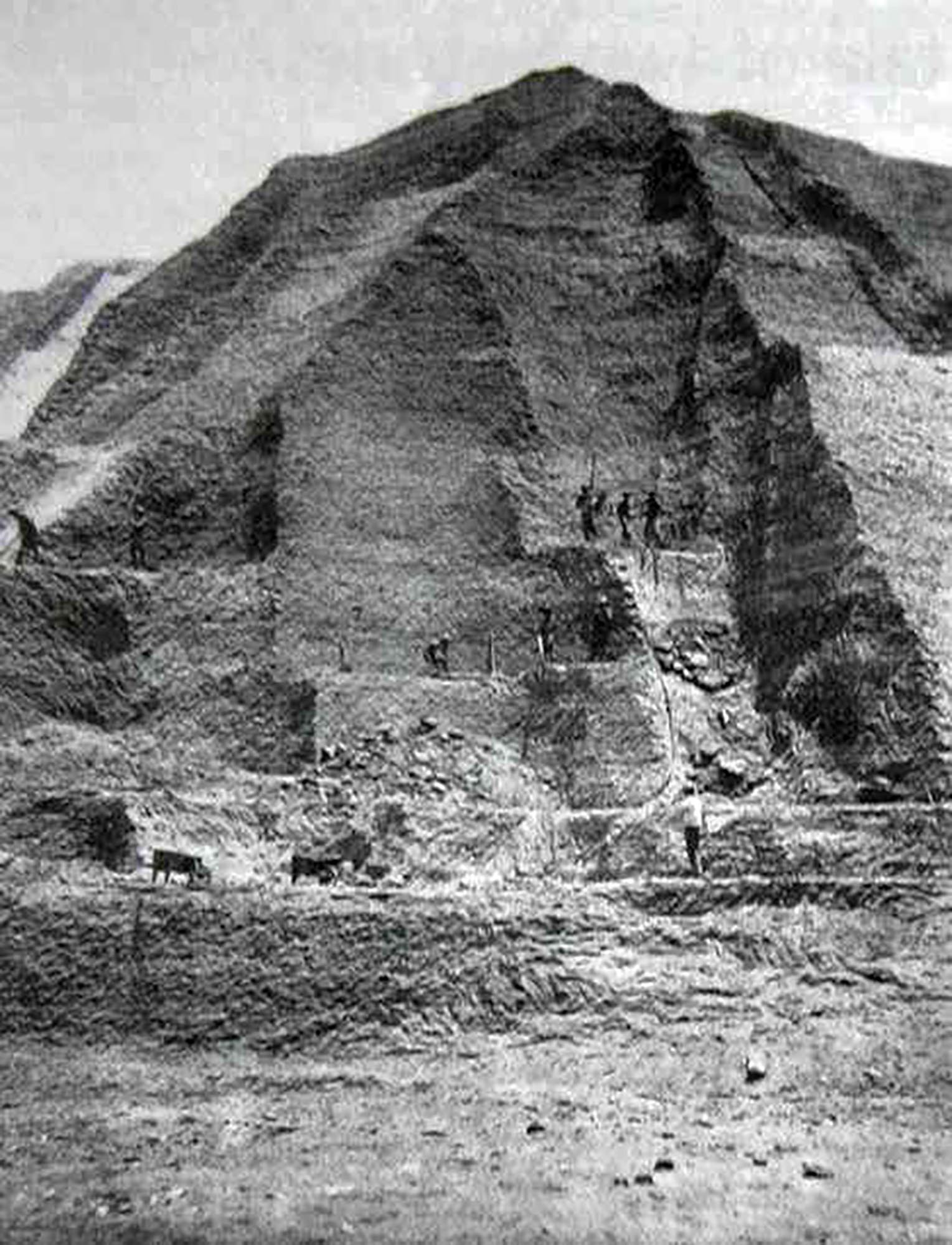A black and white photograph depicting a large, terraced mound; several workers are visible on the slopes, actively engaged in the mining process, while animals are seen carrying loads of guano at the base of the mound.
