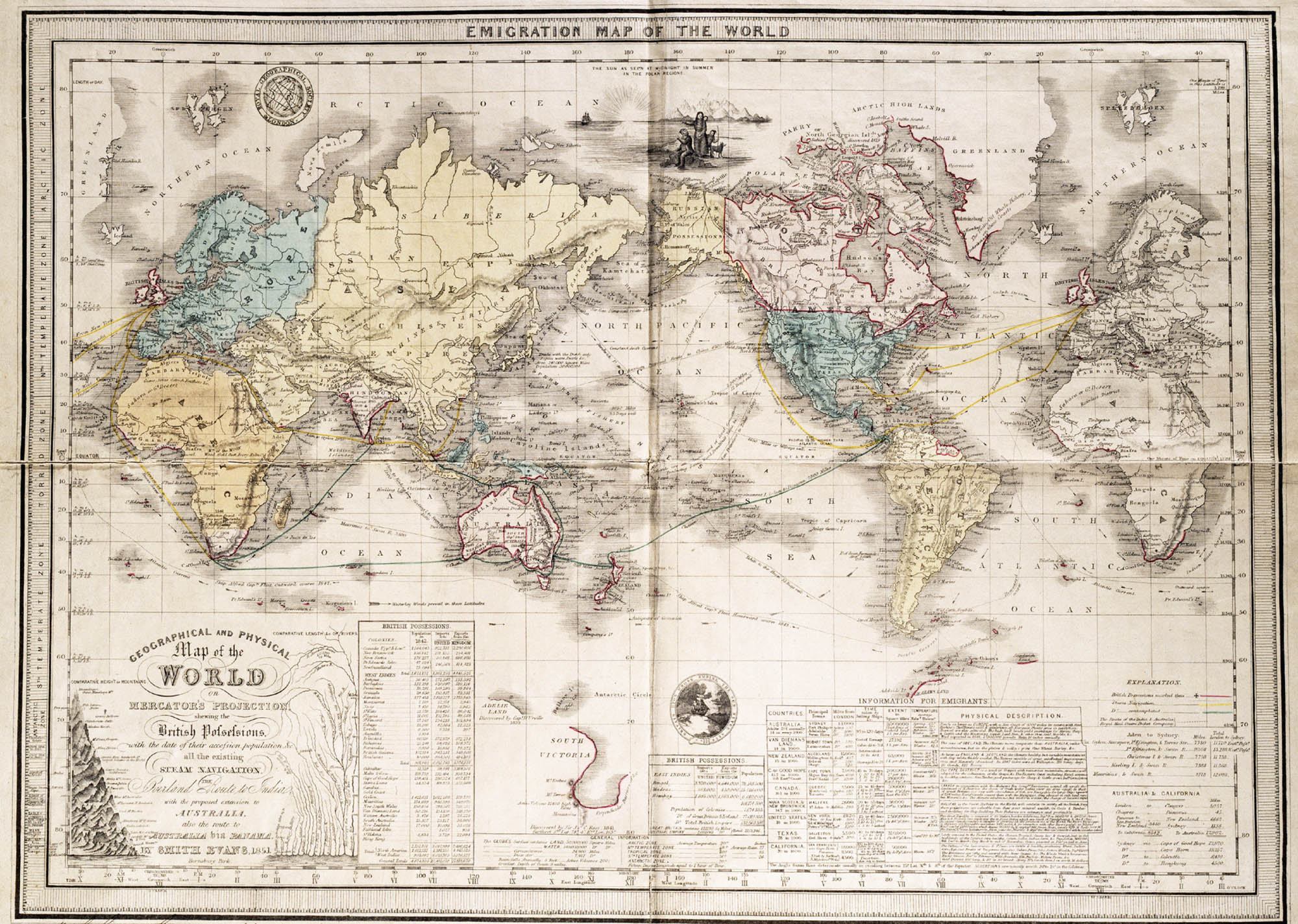 Illustrated map with steamship paths drawn on in colorful lines.