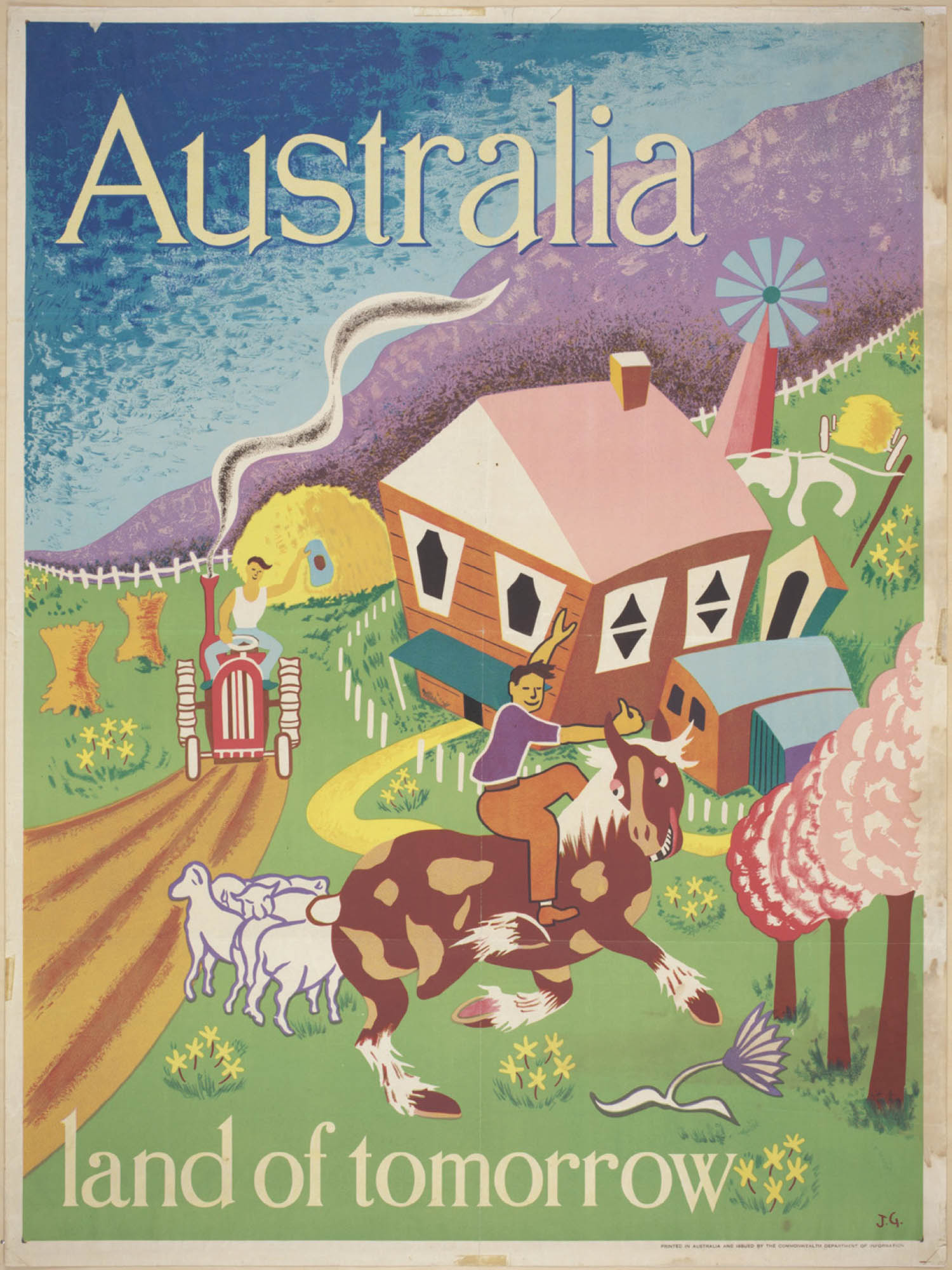 Graphic illustration of a farm. On a green pasture is a house, with a person riding a horse alongside some sheep in front of it and a person riding a tractor to its left. The top text reads Australia. The bottom text reads land of tomorrow.