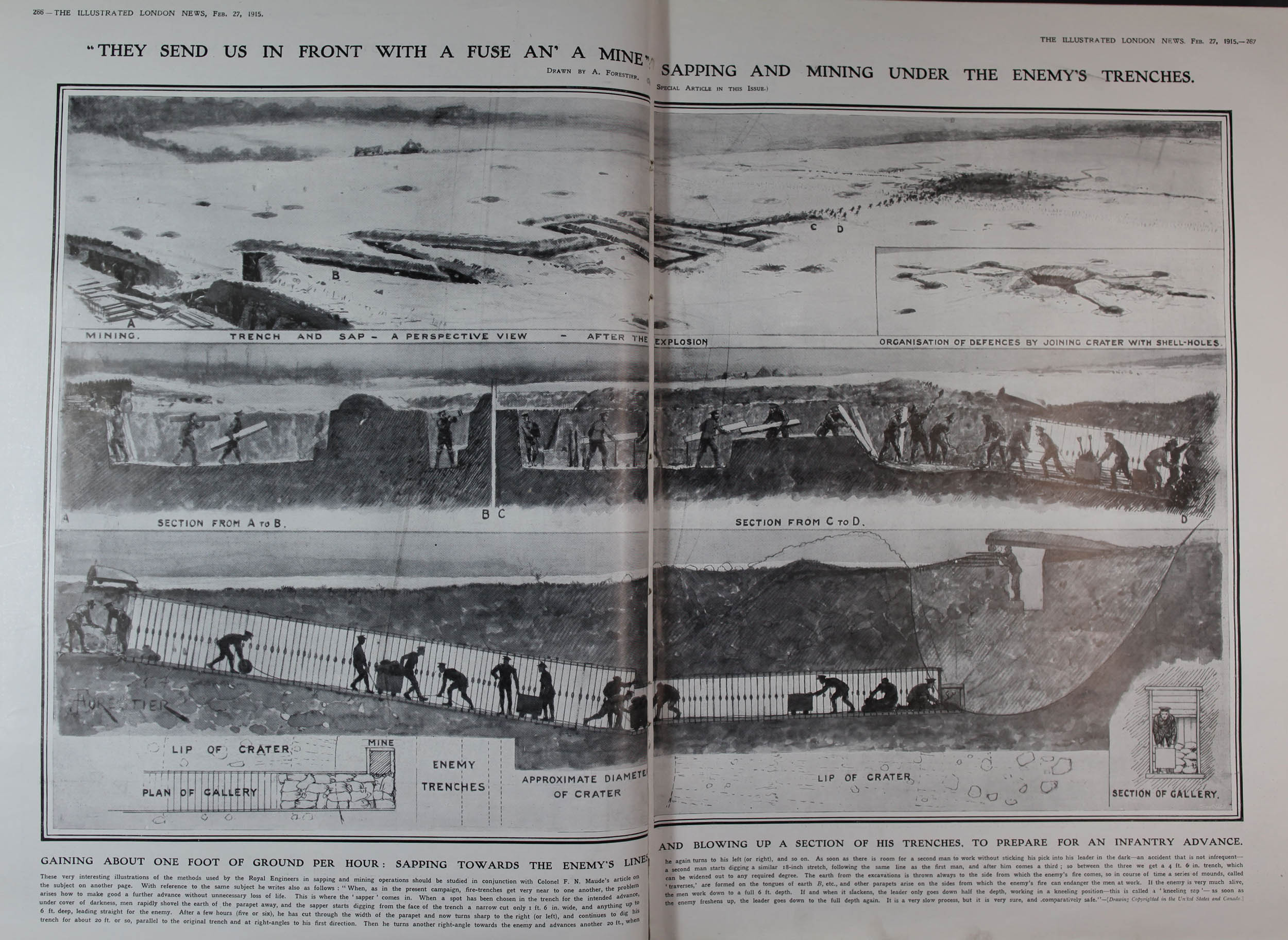 Black and white illustrated newspaper spread with labeled diagrams of soldiers tunneling and mining near enemy trenches during wartime.