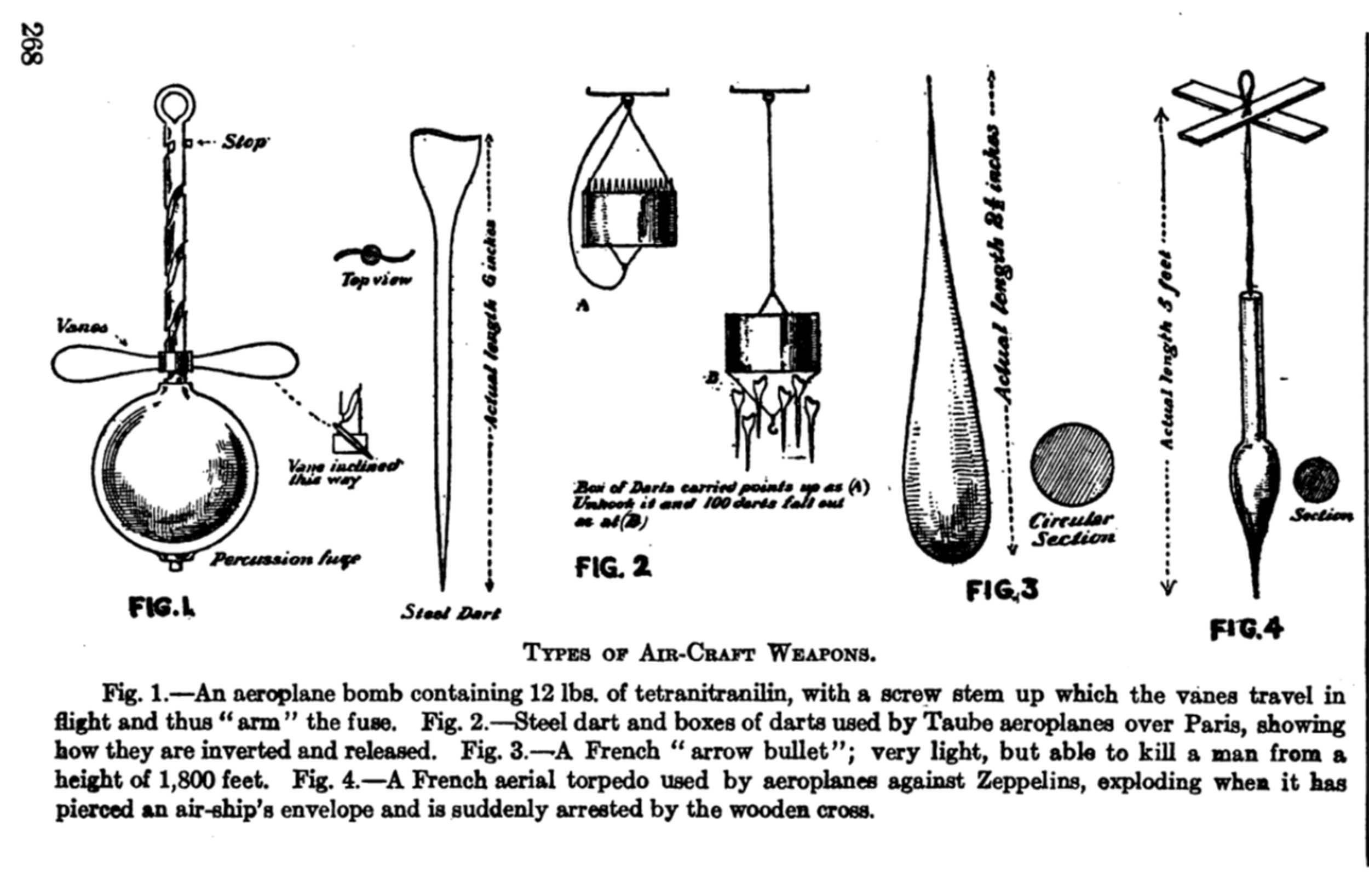 Black and white diagram showing four labeled types of early 20th-century aircraft weapons including a bomb, steel dart, arrow bullet, and aerial torpedo, with accompanying measurements and notes.