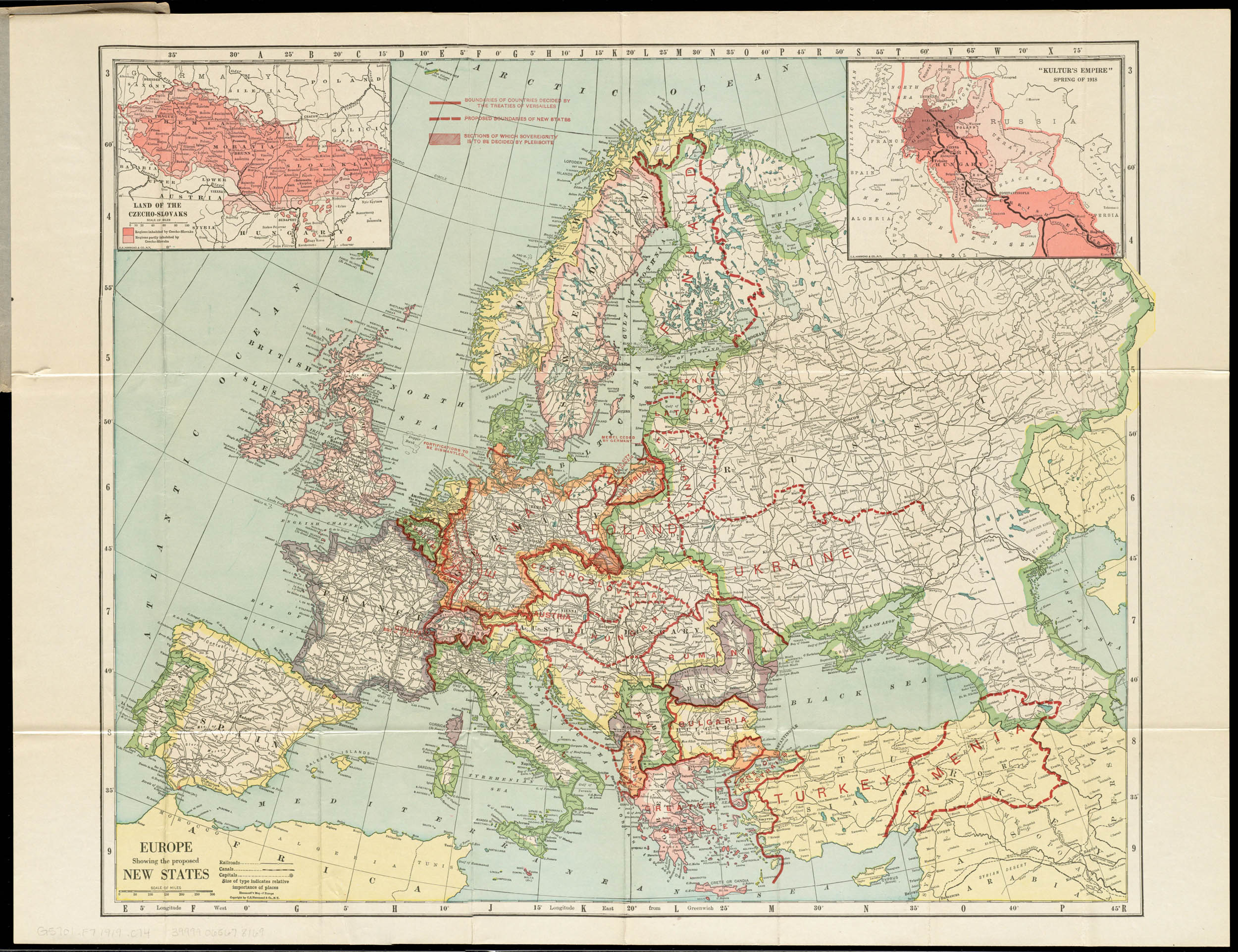 A political map of Europe showing newly formed states after World War I, with bold red borders highlighting new national boundaries. Two maps in the upper corners show changes to the Austro-Hungarian Empire and the Ottoman Empire, marked in red. Major cities, rivers, and geographic features are labeled.