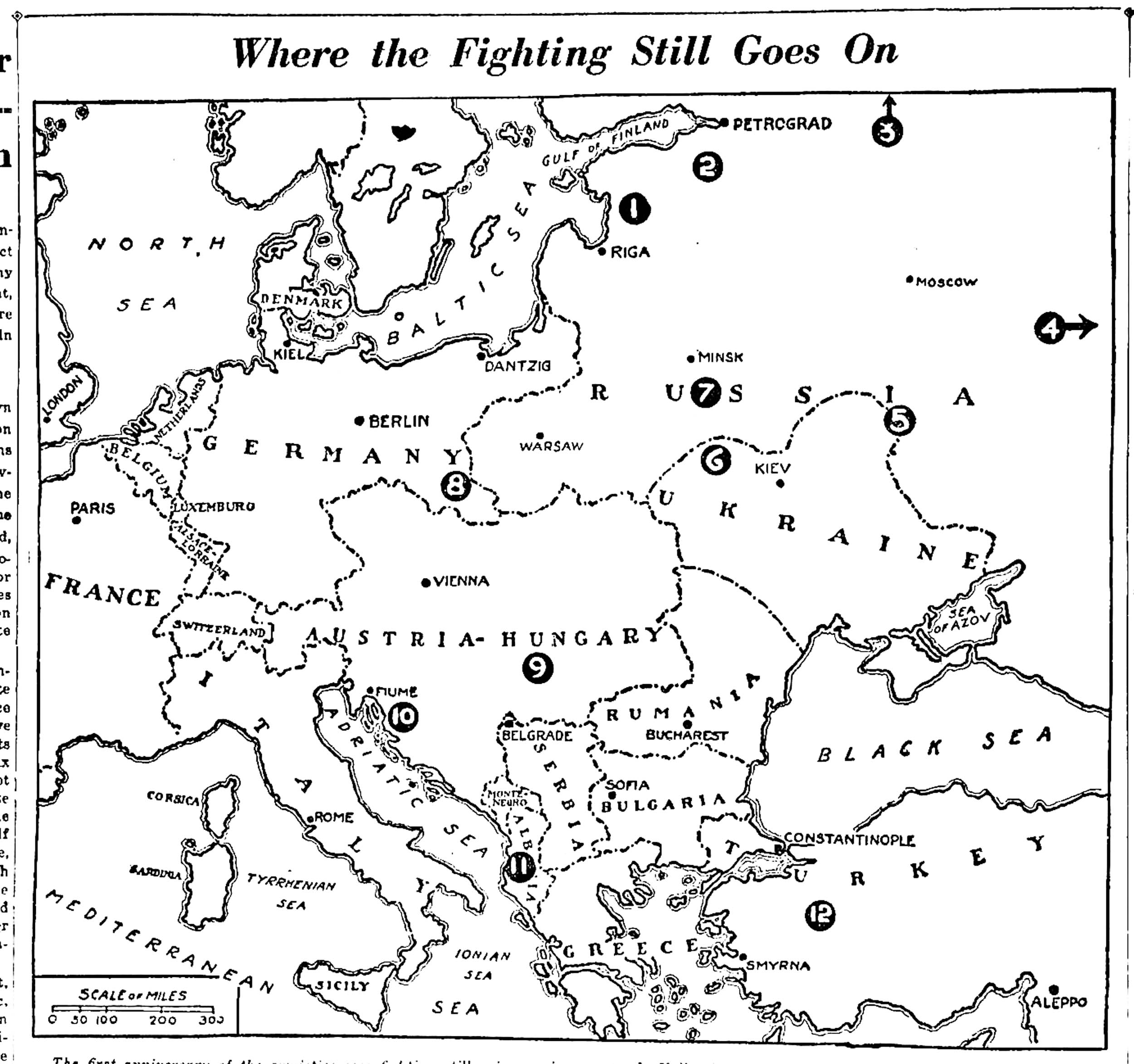 A black and white map showing Europe and parts of western Asia. Numbered locations highlight ongoing conflicts following World War I, including areas in Germany, Austria-Hungary, Ukraine, Turkey, and Russia. Major cities such as Paris, Berlin, Vienna, Petrograd, and Constantinople are labeled.