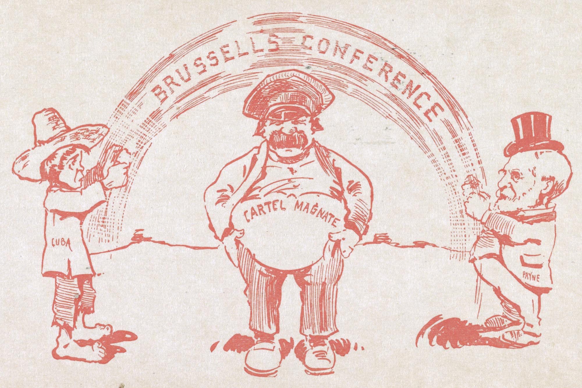 Political cartoon showing a wealthy “cartel magnate” is skipping rope. A US politician, Sereno Payne, and a poor Cuban farmer are turning the jump rope to his orders.