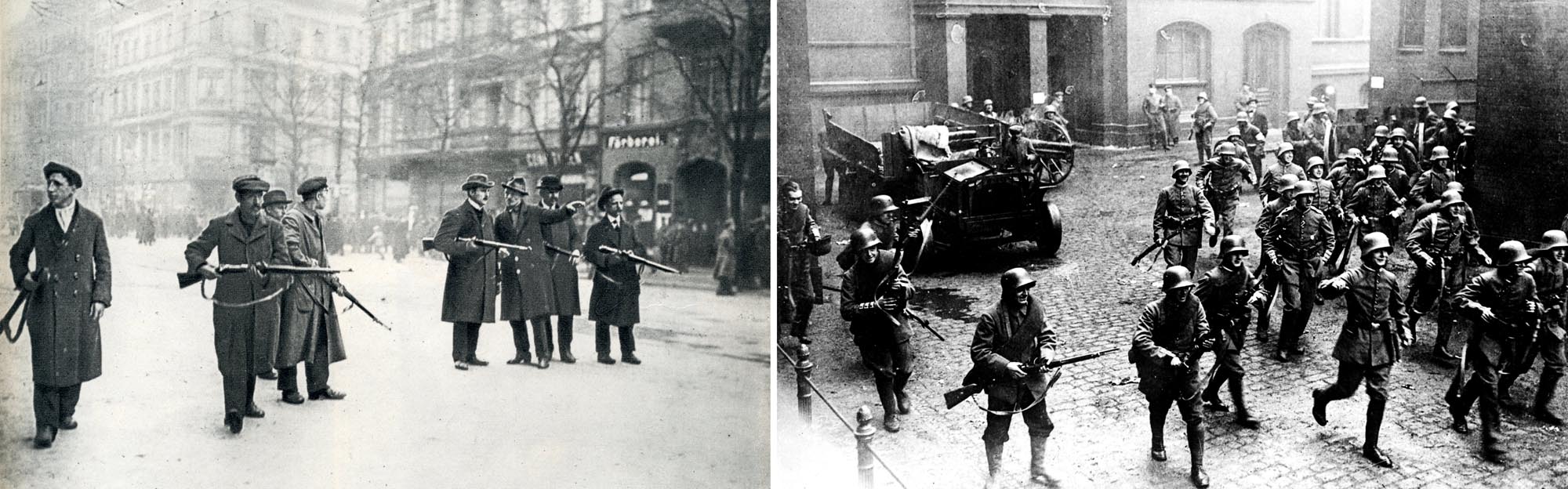 Scenes of political uprising and street fighting. Left, small groups of socialists stand holding rifles. One points down the street. Right, A larger group of conservative soldiers march down a cobbled street.