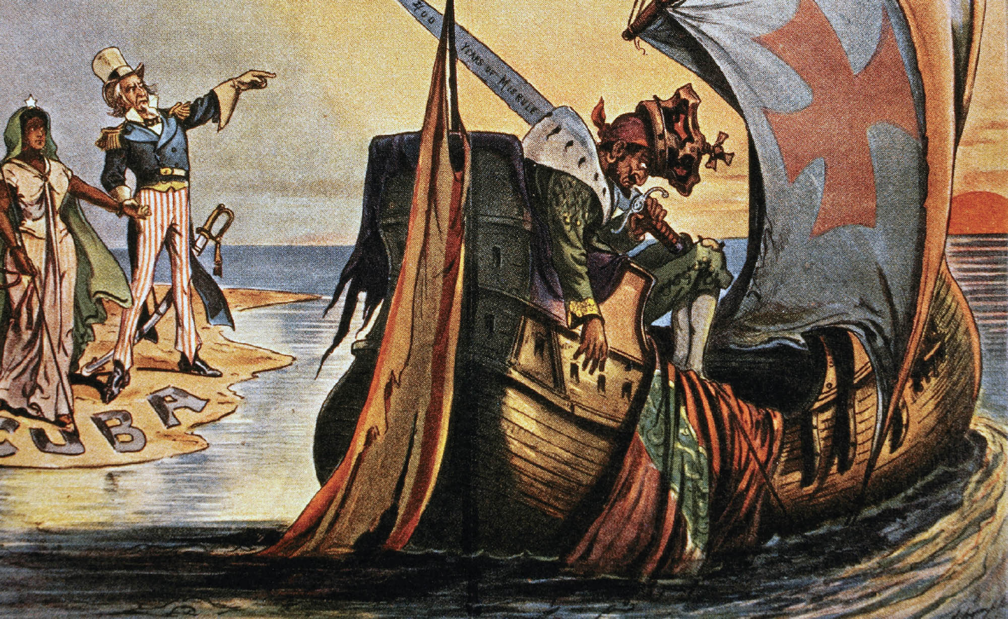 An illustration of a man in a throne and robe sitting on a ship and carrying a sword. On the shore to his left stand a man holdings a woman's wrist. The man is wearing a blue coat, red and white stripe pants, and a white top hat. The woman is wearing a green cloak and a white dress. On the shore is written Cuba.