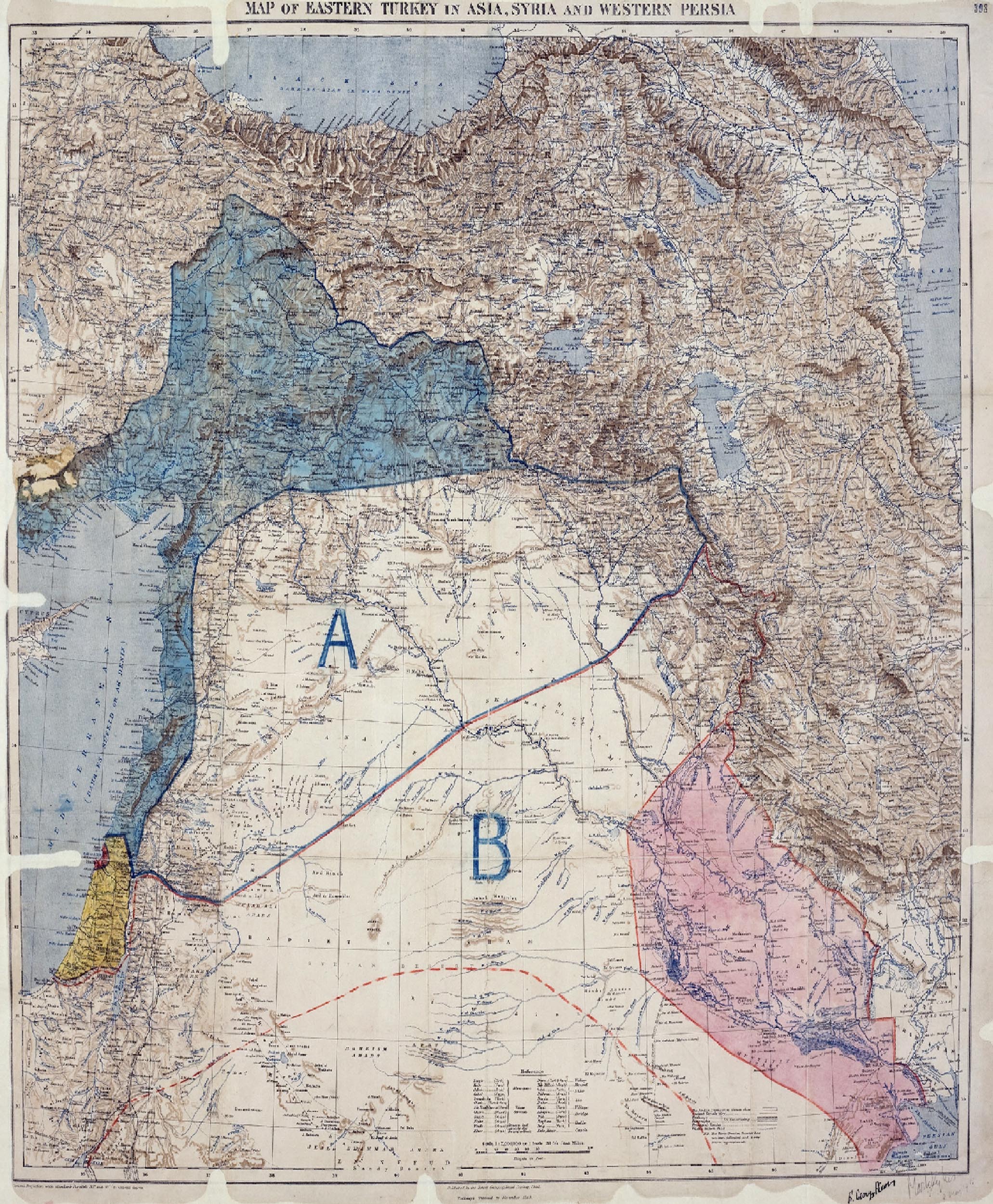 Map of Eastern Turkey in Asia, Syria and Western Persia, in 1916. This map is part of the Sykes-Picot Agreement, where British and French governments secretly agreed to split up Ottoman territories in anticipation of the Ottoman Empire’s fall.