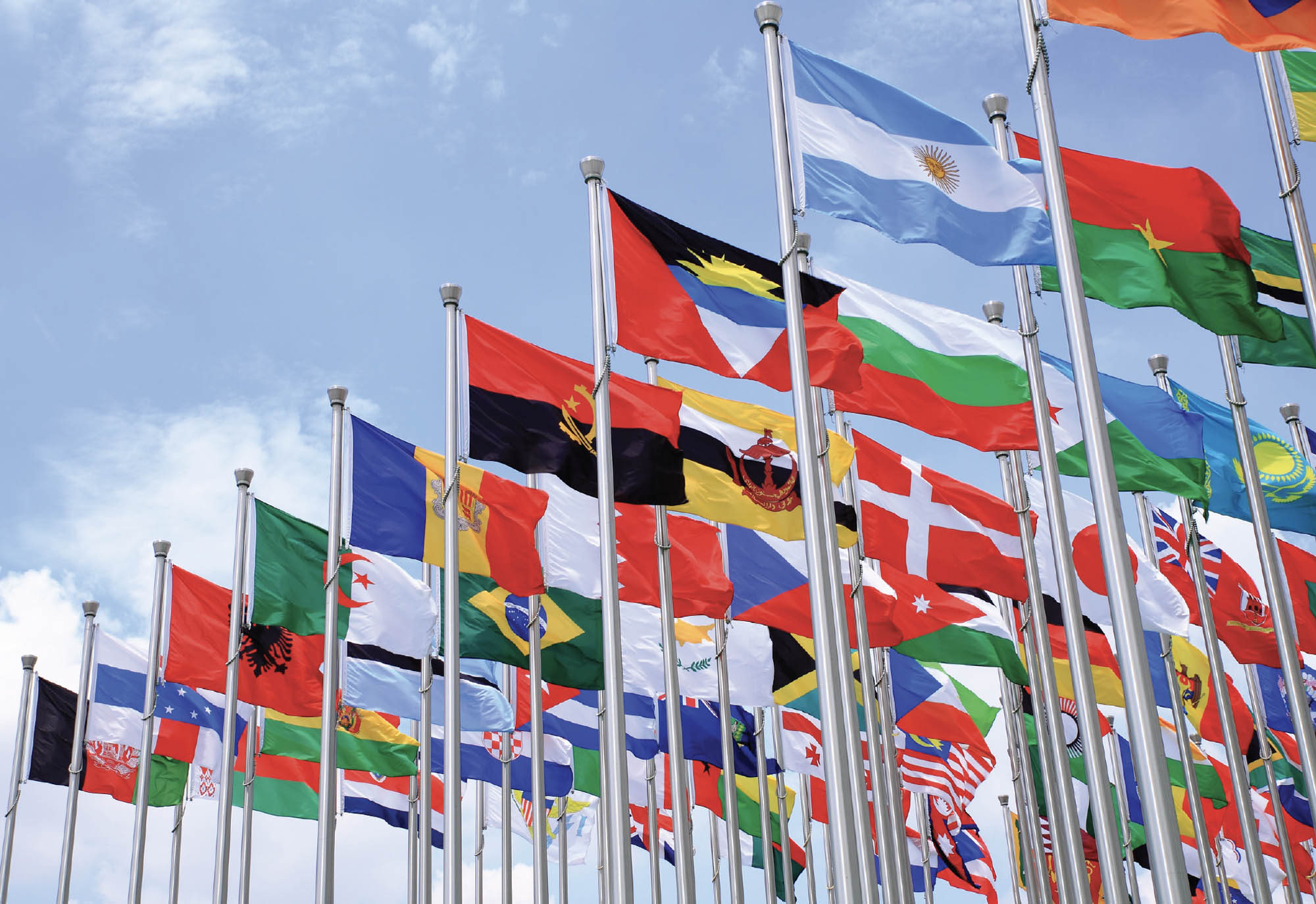 Image of several flag poles with flags from around the world.