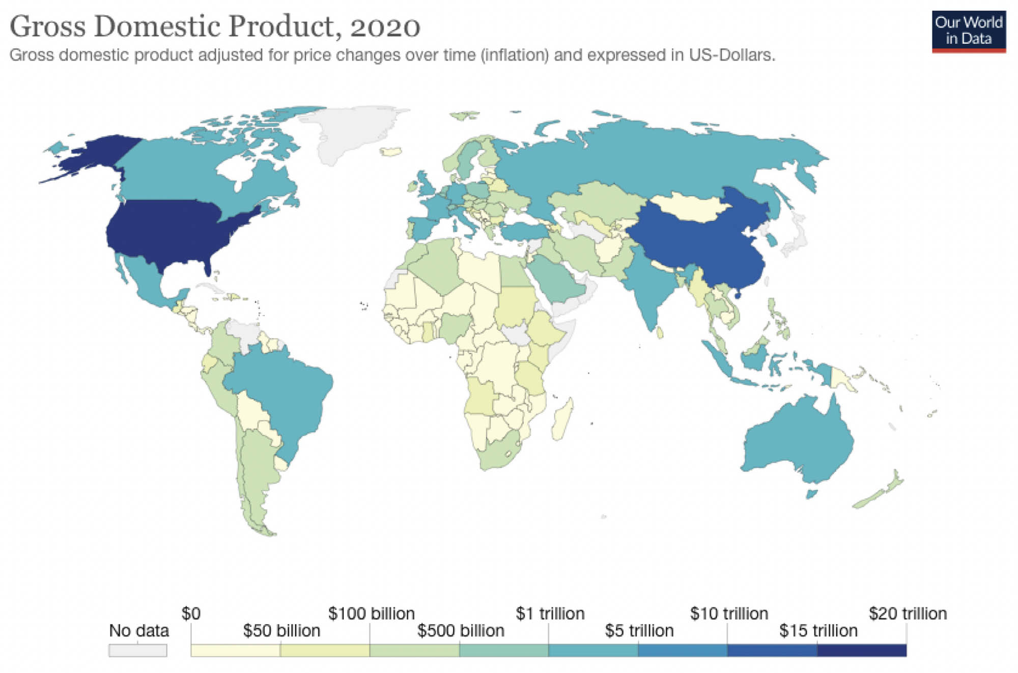 Colorful illustration of a world map. Below the map is a legend of the GDP of each nation.