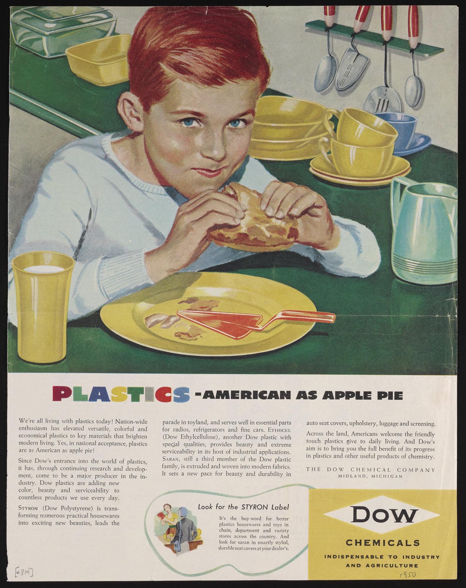 An advertisement for Dow Chemicals titled "PLASTICS - AMERICAN AS APPLE PIE" featuring a young boy with red hair and blue eyes eating a slice of apple pie at a kitchen counter. The counter is set with various plastic items, including a yellow plate, a utensil, and a yellow cup. The accompanying text promotes Dow plastics highlighting their versatility.