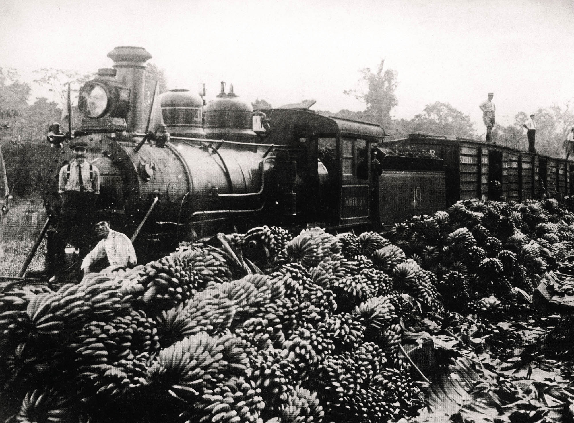 Photo of large piles of bananas being loaded onto a train.