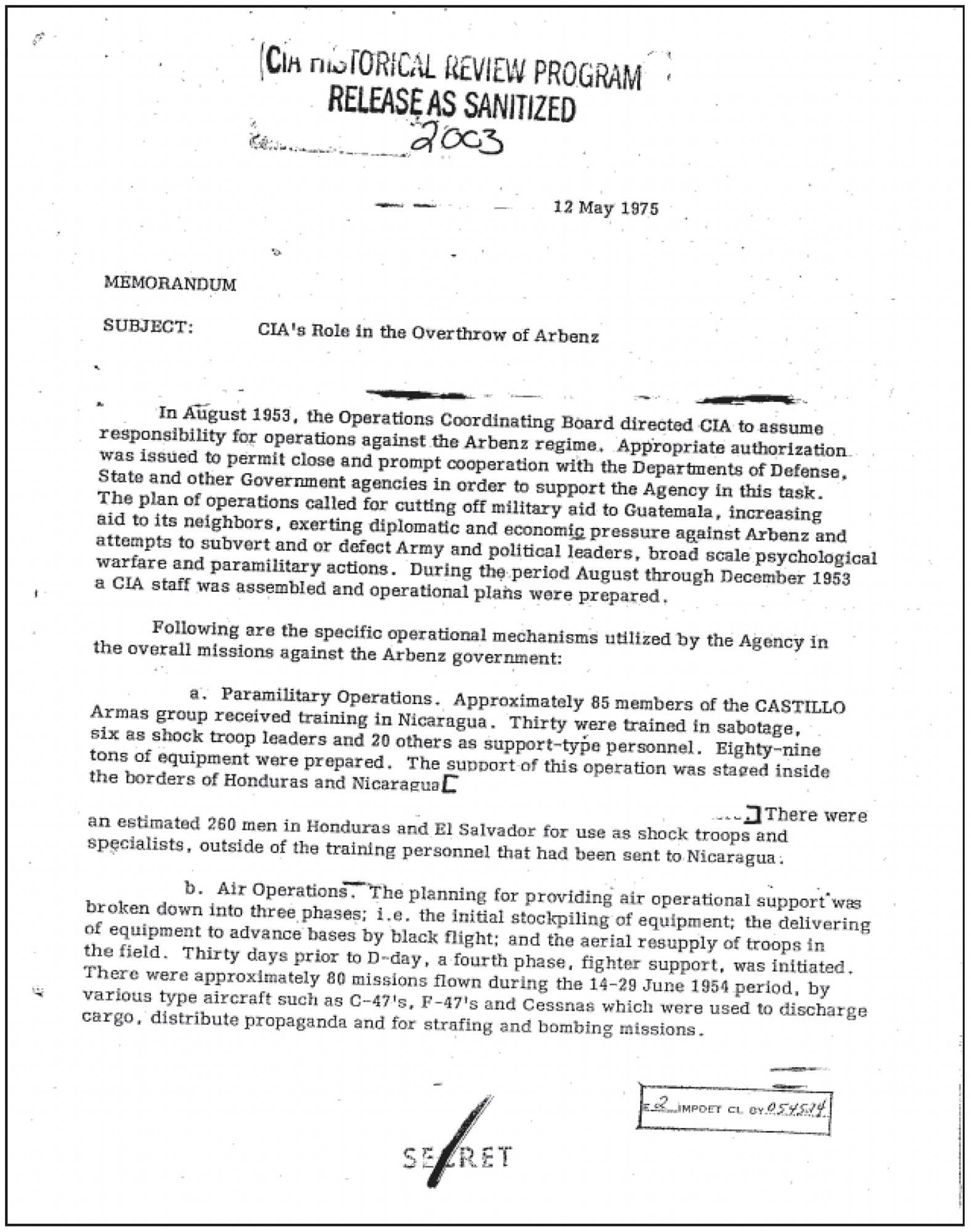 Photocopy of a CIA memorandum with the subject line “CIA’s Role in the Overthrow of Arbenz”. The document is marked as “Secret”.