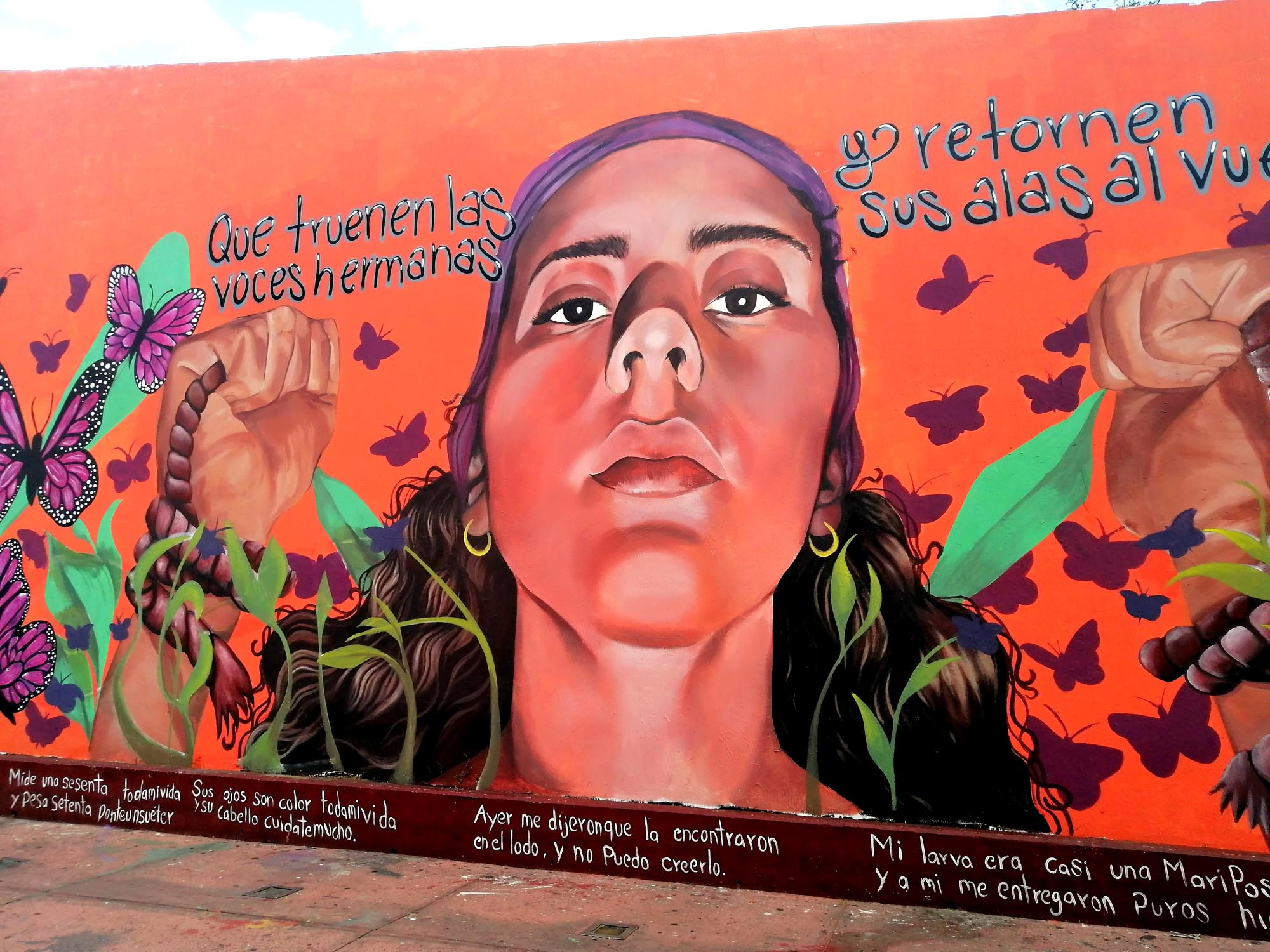 A vibrant feminist mural on an orange wall depicting a woman's face at the center, flanked by raised fists and surrounded by purple butterflies and green foliage. Spanish text is seen around the mural.
