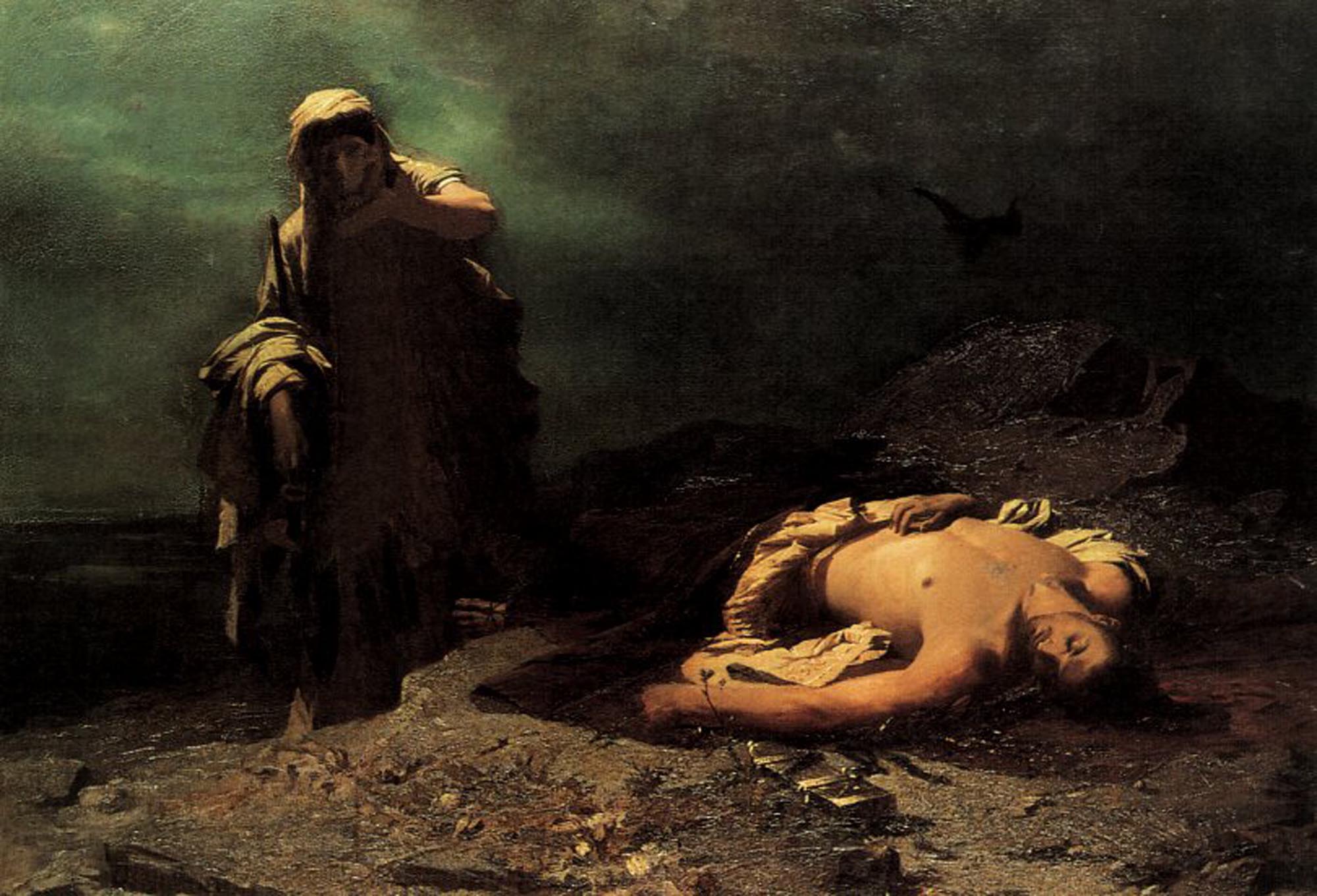 A painting depicting the Greek tragedy heroine Antigone, draped in dark robes, standing on a rocky, desolate landscape, gazing down at the unburied body, who lies partially covered by cloth on the ground. The background is a dark, cloudy sky, and bleak and mournful atmosphere.