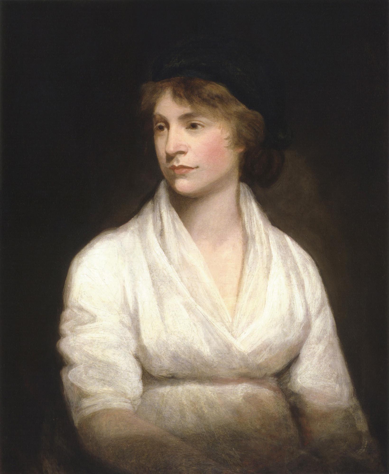 A portrait painting of Mary Wollstonecraft, she is depicted with light skin and brown hair, wearing a white dress and a dark cap, looking slightly to her left against a dark background.