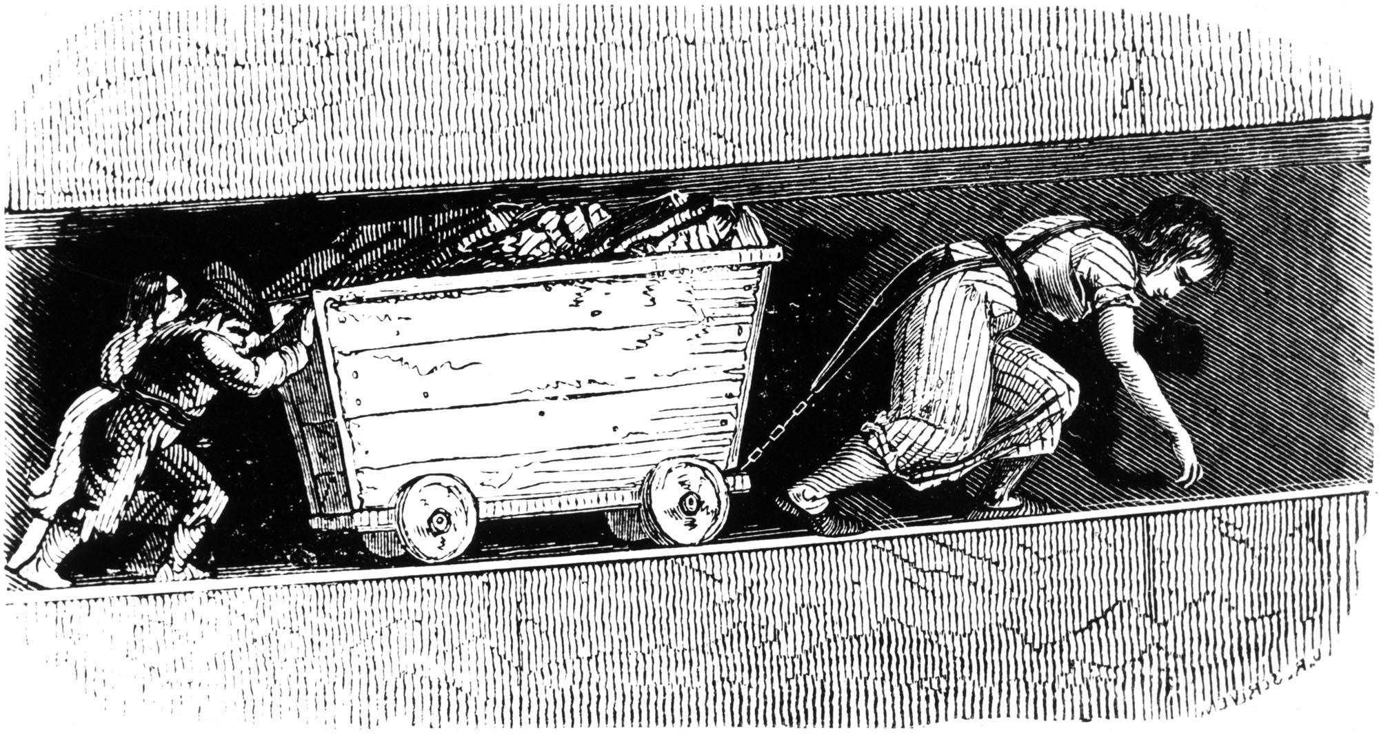 An engraving depicting a woman and children working as coal putters, with the woman harnessed to a coal cart and children pushing it from behind.
