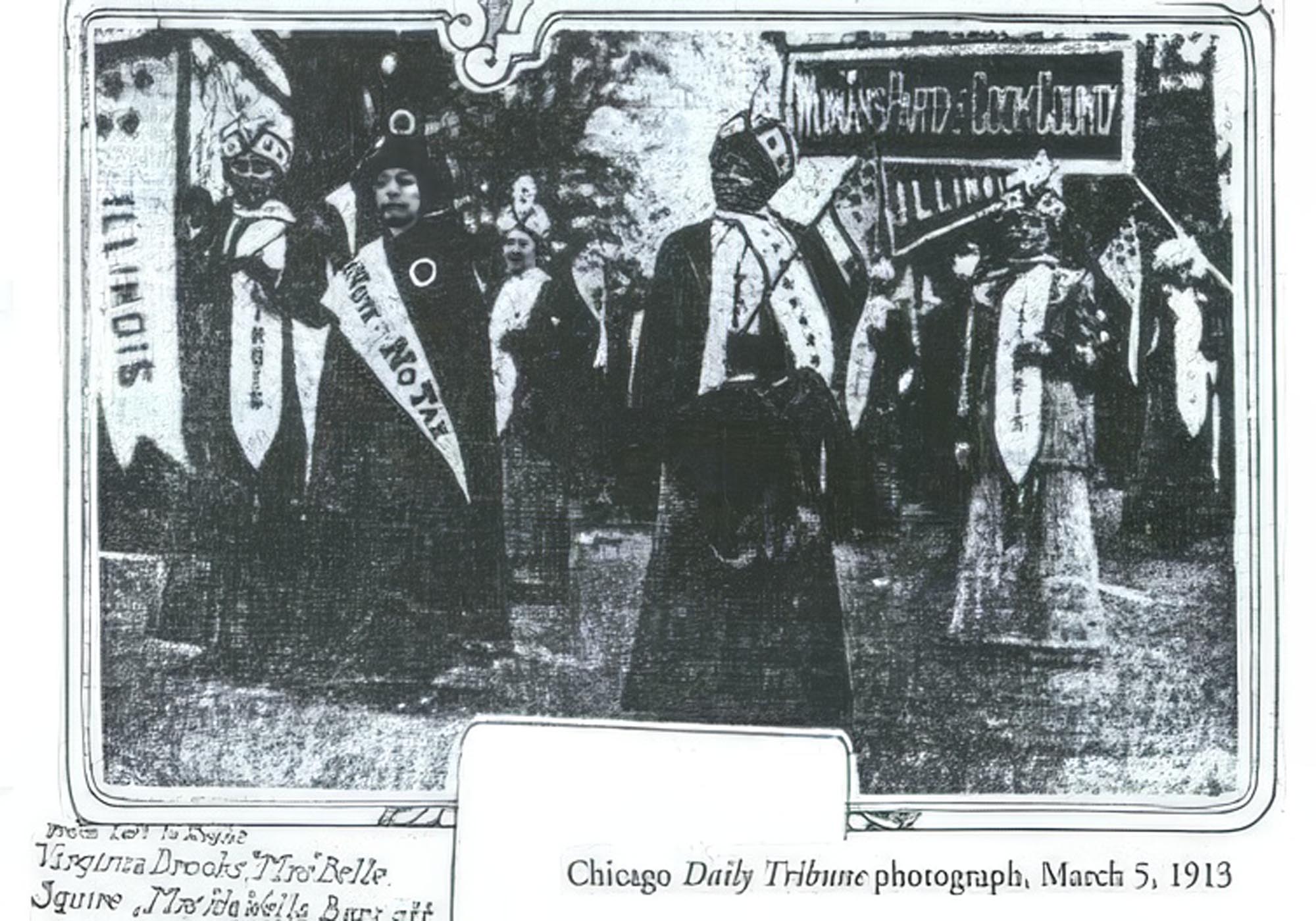 A black and white photograph from the Chicago Daily Tribune, dated March 5, 1913, showing members of the Alpha Suffrage Club, including Ida B. Wells-Barnett, marching in the Woman Suffrage Procession in Washington D.C.