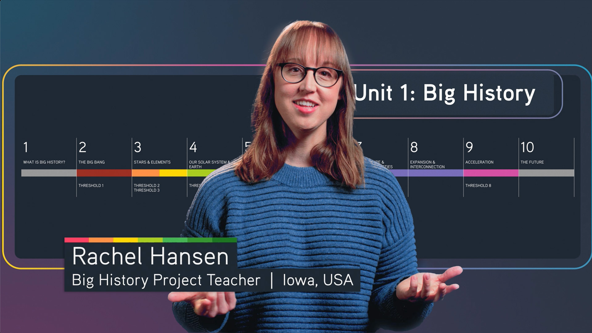 BHP Teacher Rachel Hansen in front of the BHP Course Timeline with text "Unit 1: Big History"