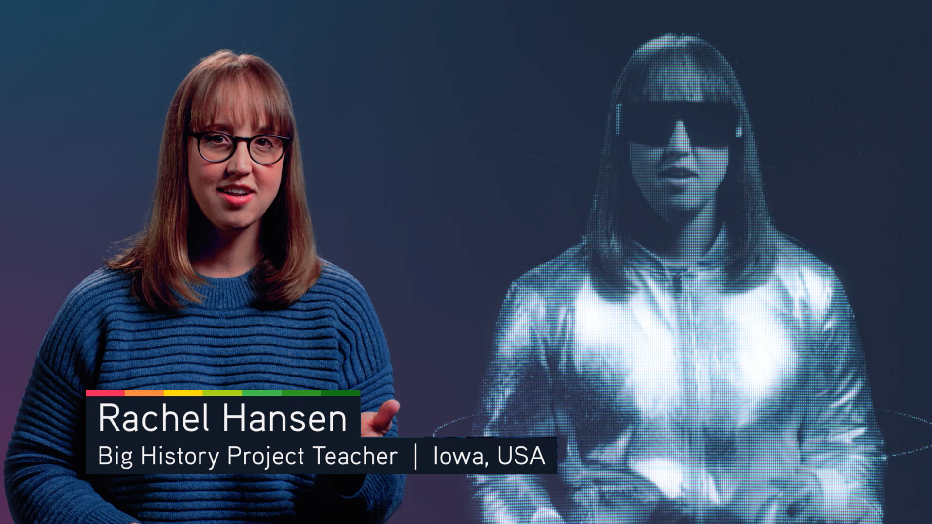 BHP Teacher Rachel Hansen with a future hologram of herself wearing sunglasses and a silver jacket.