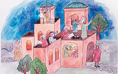 Illustration of various scholars at the Maragha Observatory in Persia