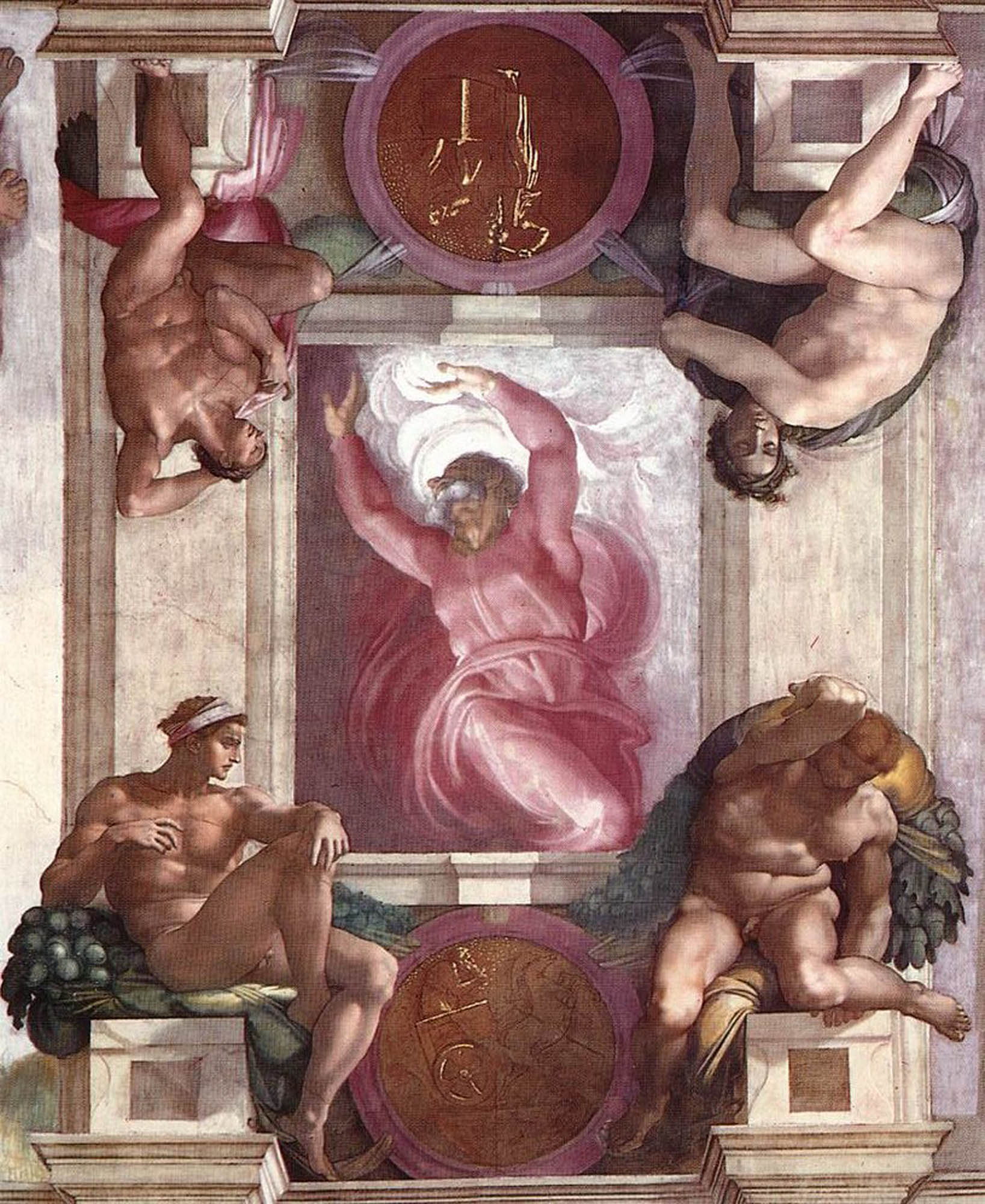Photo looking up at a painting depicting the first day of creation on the ceiling of the Sistine Chapel.