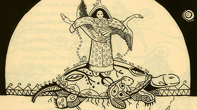 Artwork depicting a woman standing on the shell of a large turtle. Aquatic animals like fish, waterfowl, and an otter swim below. The stars shine in the sky above.