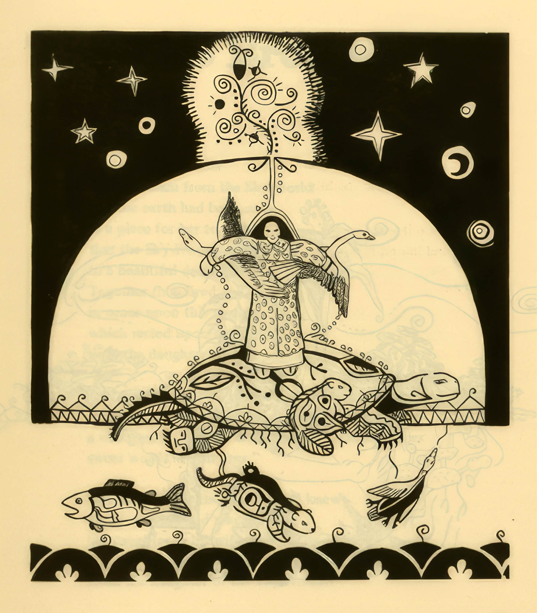 Artwork depicting a woman standing on the shell of a large turtle. Aquatic animals like fish, waterfowl, and an otter swim below. The stars shine in the sky above.