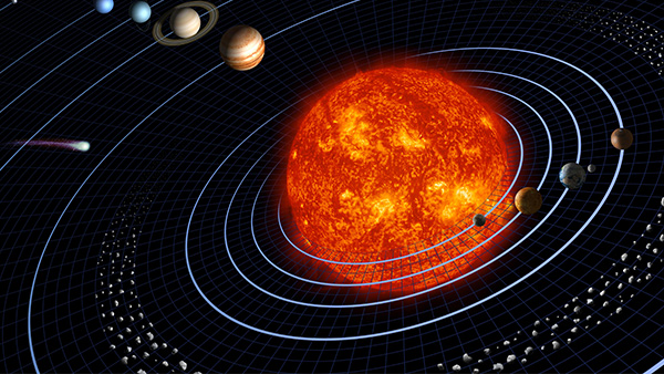 Diagram of our solar system with the Sun and eight planets in orbit.