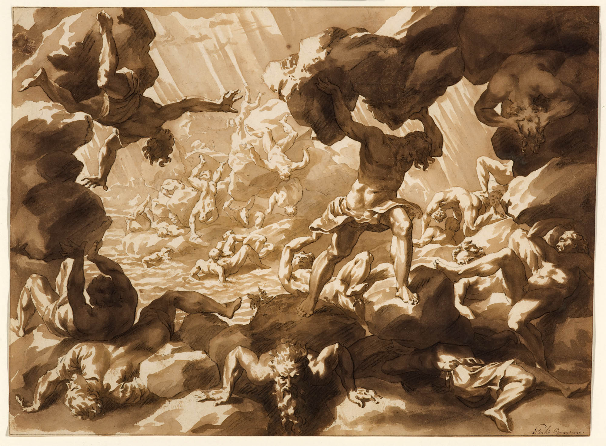 Greek gods in an epic battle. In the foreground, one god holds a large rock over his head. 