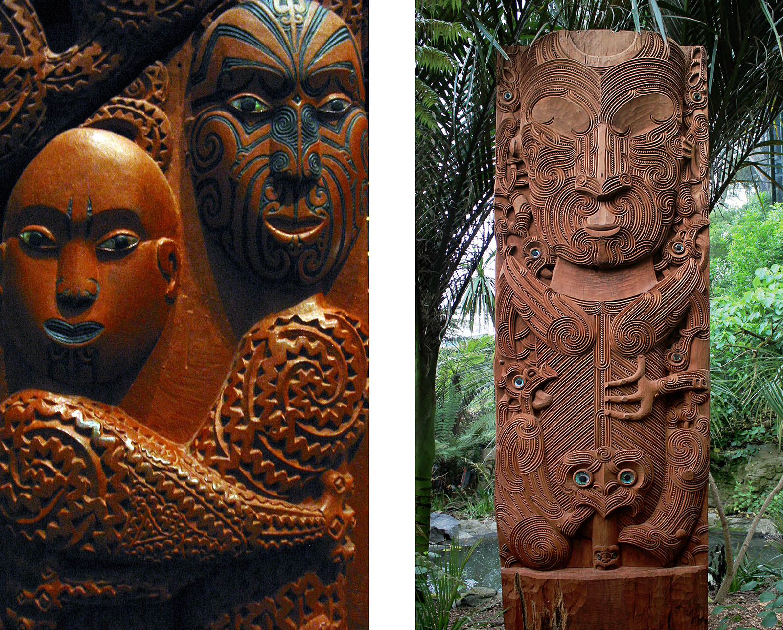 Wooden carvings featuring two Māori gods embracing, and tall, totemic, highly textured carving of the Māori god of the forests and birds.
