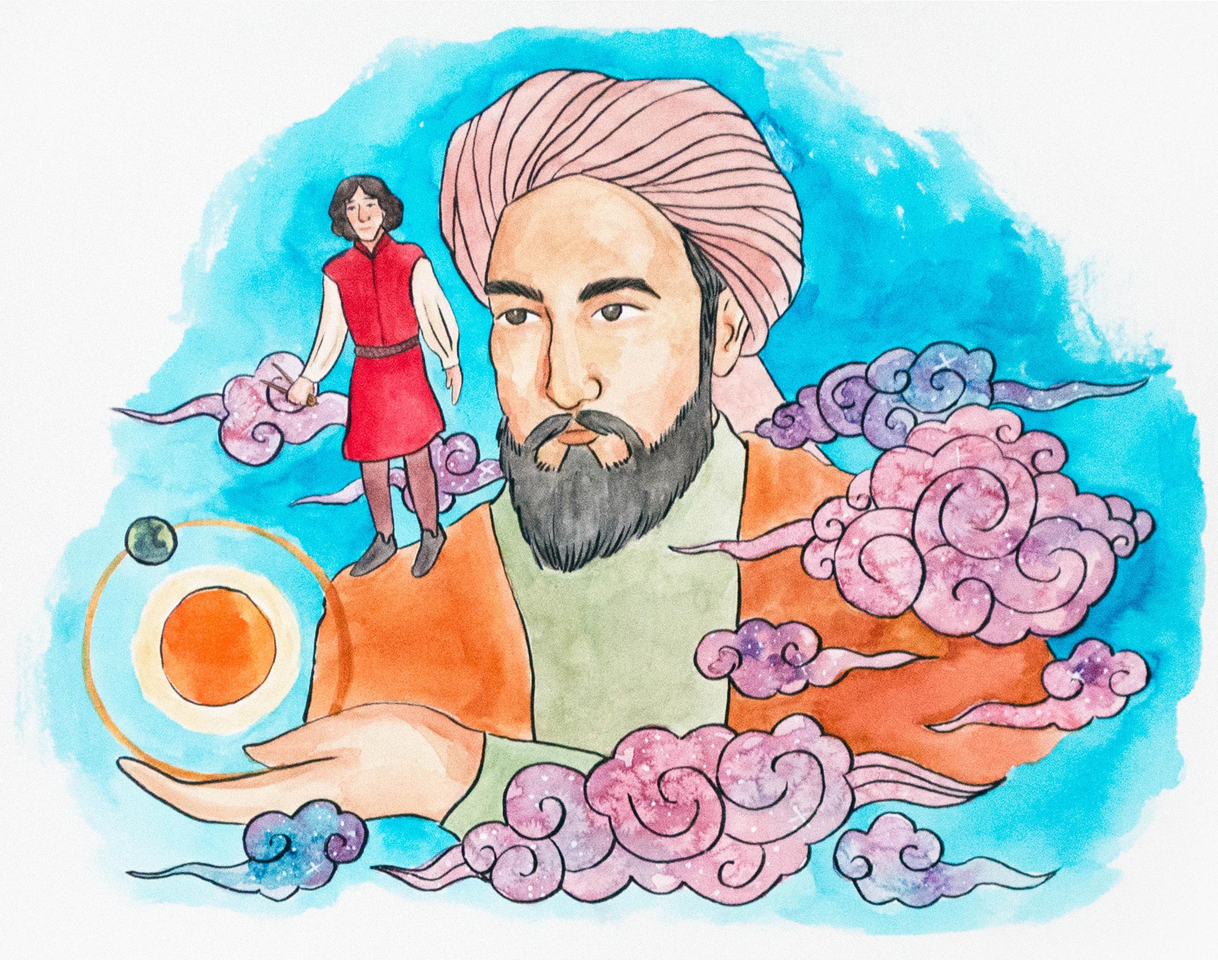Illustration of scientist Nicolaus Copernicus standing the shoulders of Islamic scholar Nasir al-Din al-Tusi shown with astronomical imagery.