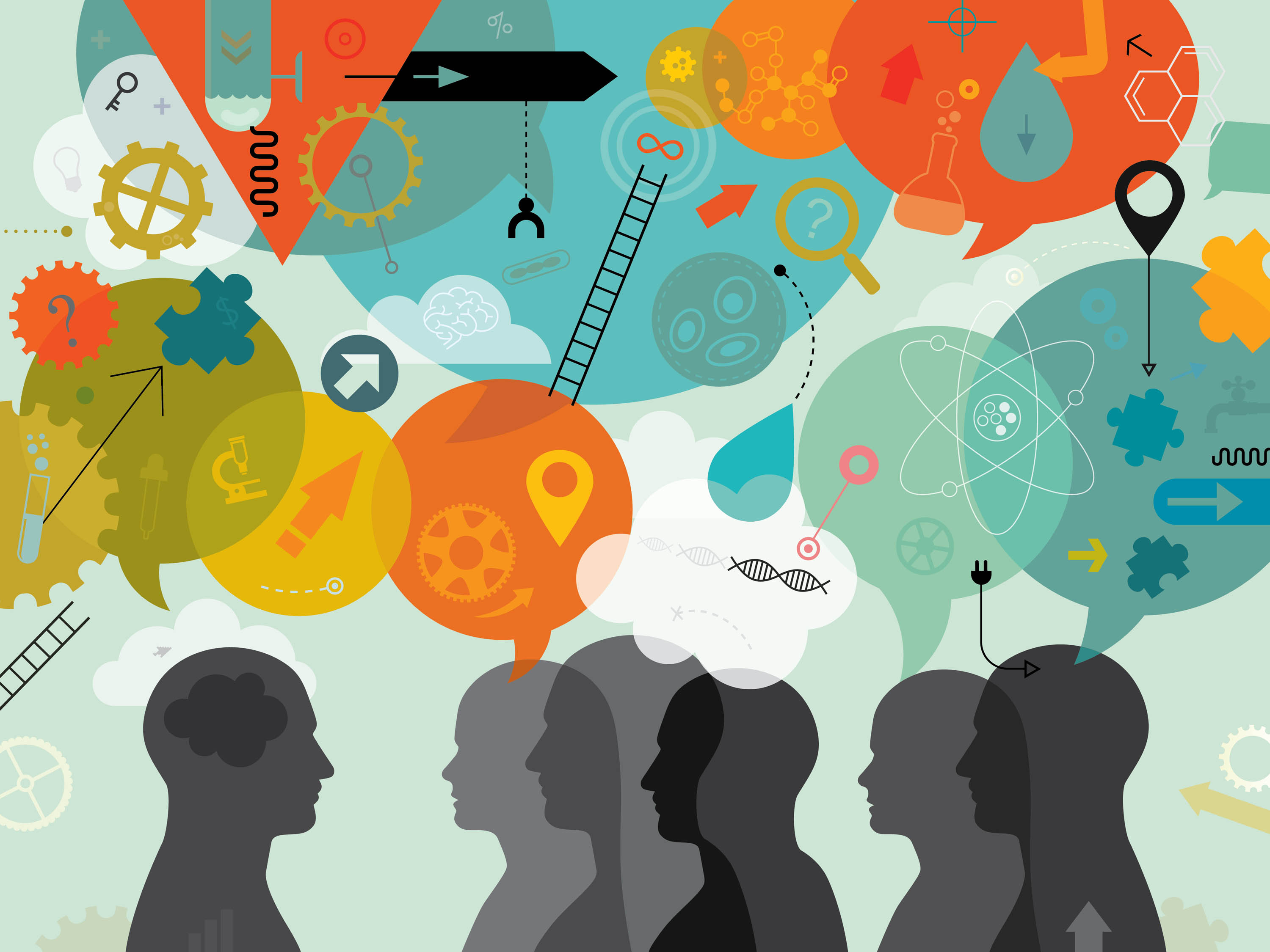 Busy infographic with figures below and many speech bubbles with scientific notations above.