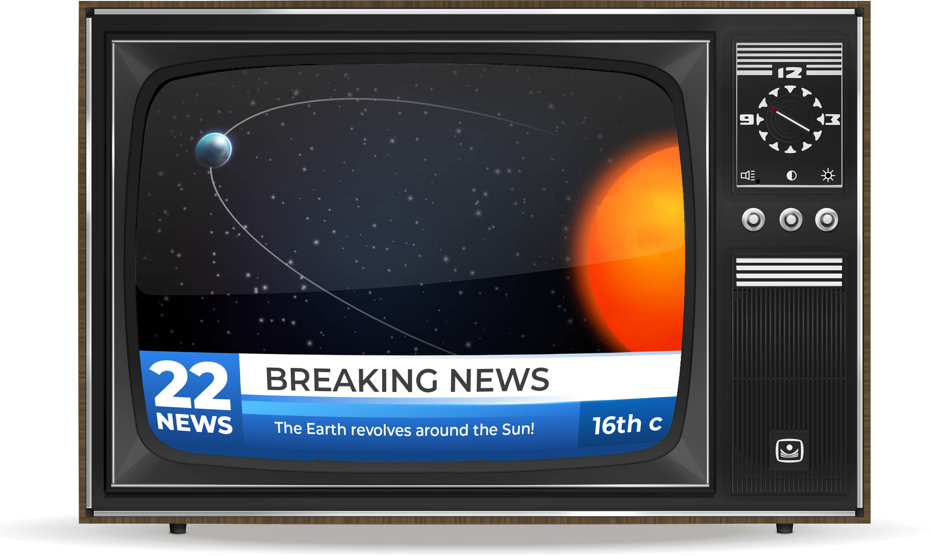 Old-fashioned television with Earth orbiting the Sun with the lower banner saying Breaking News, The Earth revolves around the Sun.
