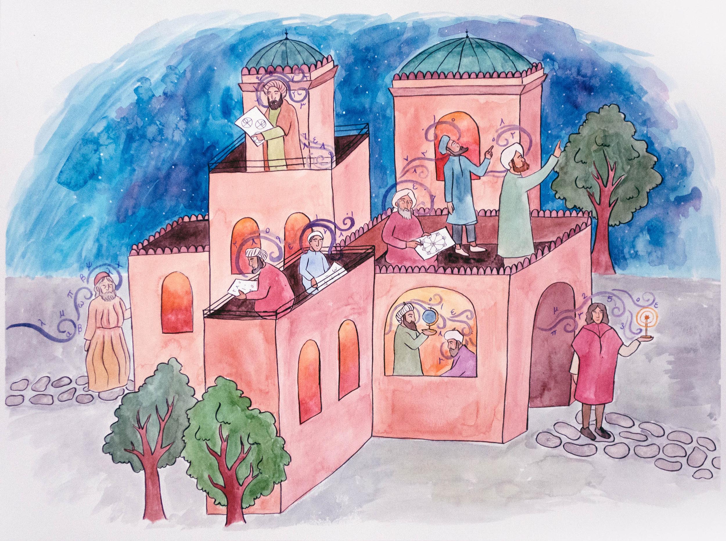 Illustration of various Islamic scholars looking at the stars at the Maragha Observatory in Persia. Wind carries equations and formulas in and out of the observatory to depict collective learning.