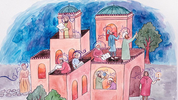 Illustration of various Islamic scholars looking at the stars at the Maragha Observatory in Persia. Wind carries equations and formulas in and out of the observatory to depict collective learning.