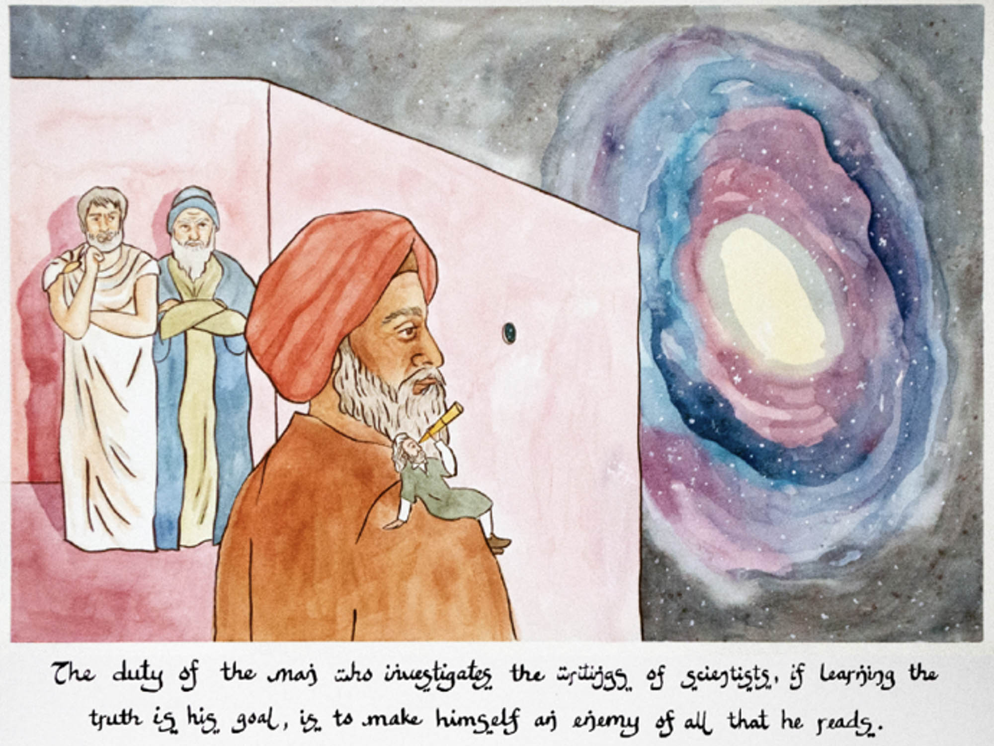 A bearded man in a turban stands looking through a small hole in a wall. Beyond is a colorful view of the Universe.